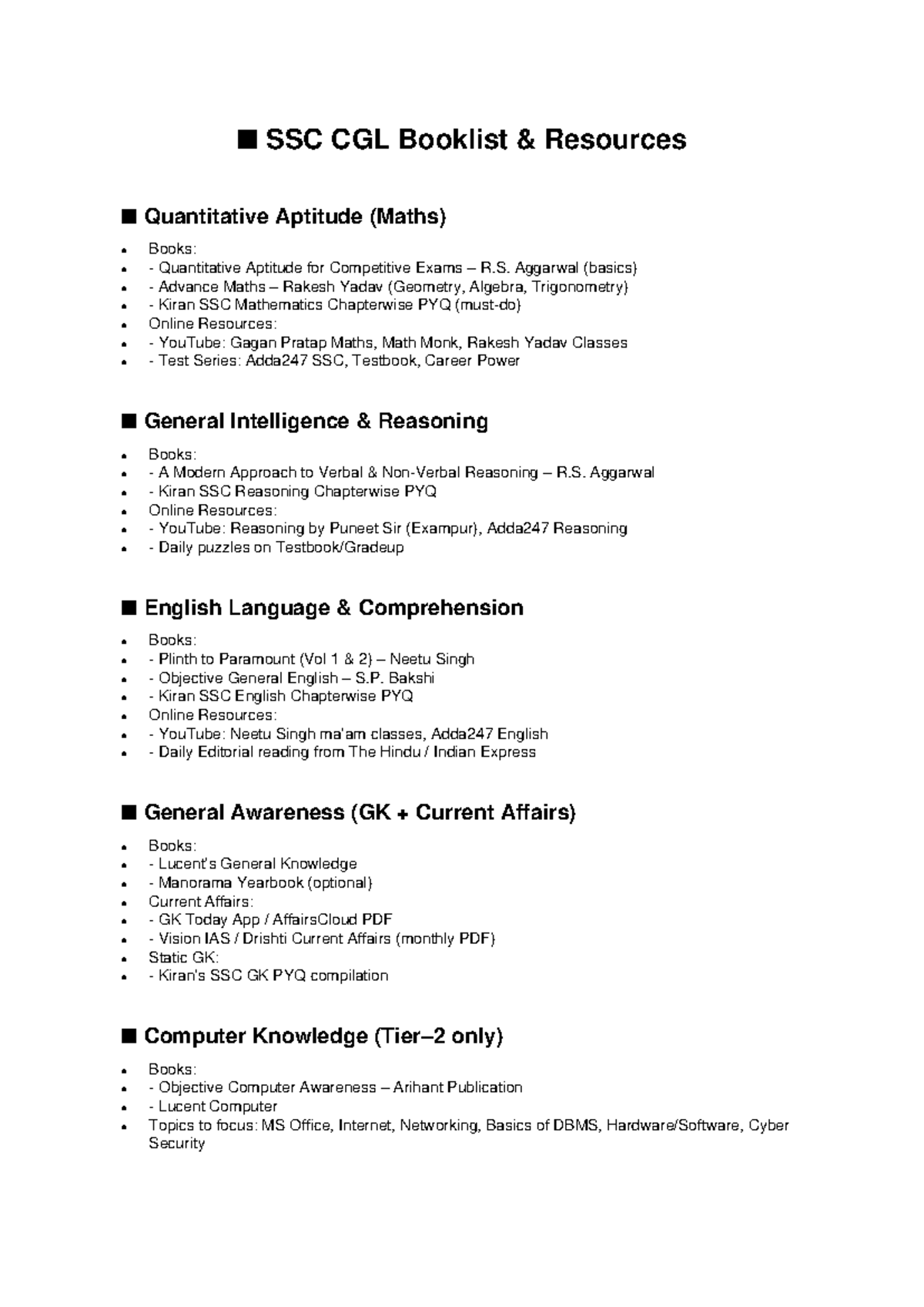 SSC CGL Booklist & Resources for Quantitative Aptitude and More - Studocu