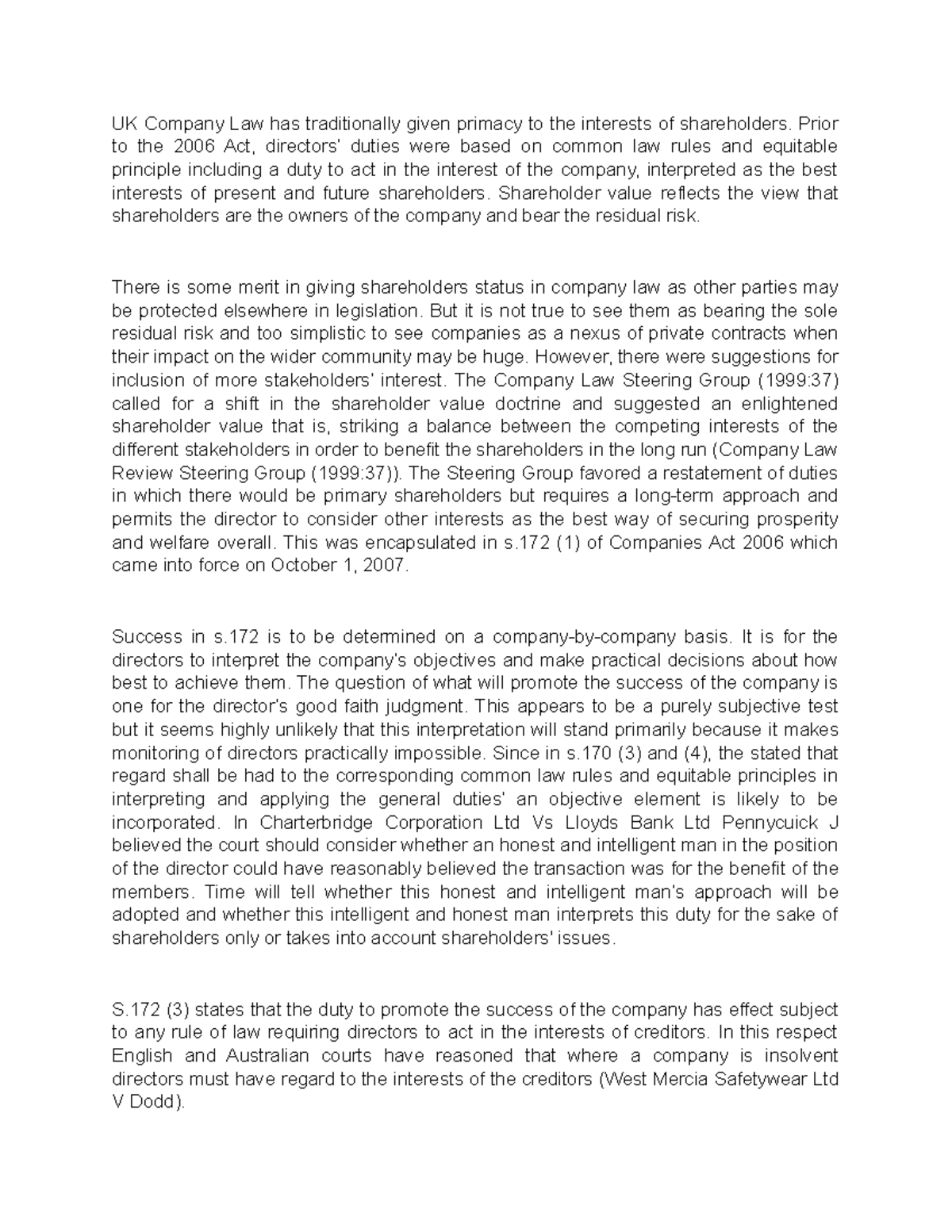 section 172 notes for exam - UK Company Law has traditionally given ...