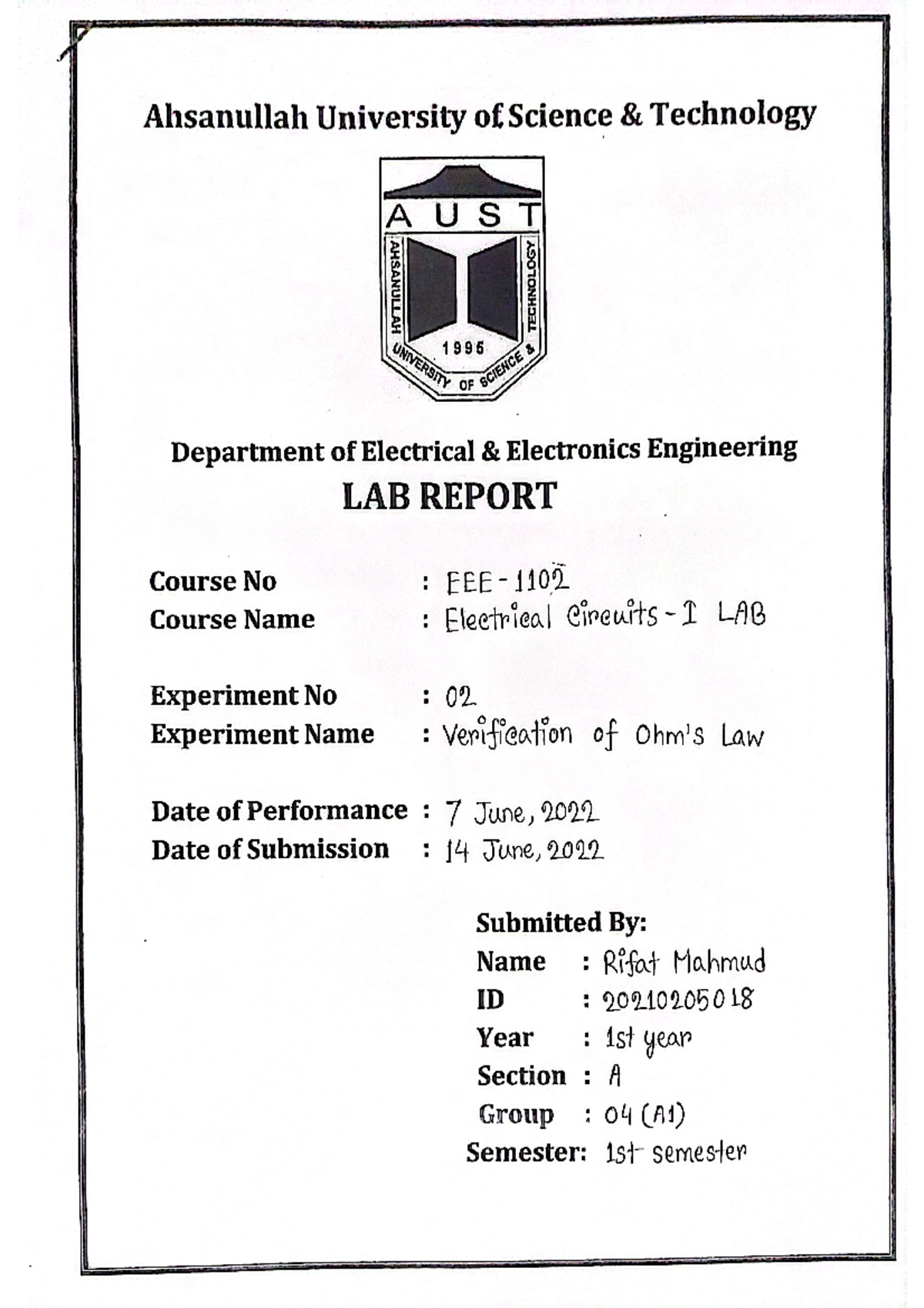 EEE 1102 Lab Report #2: Verification of Ohm's Law Experiment - Studocu