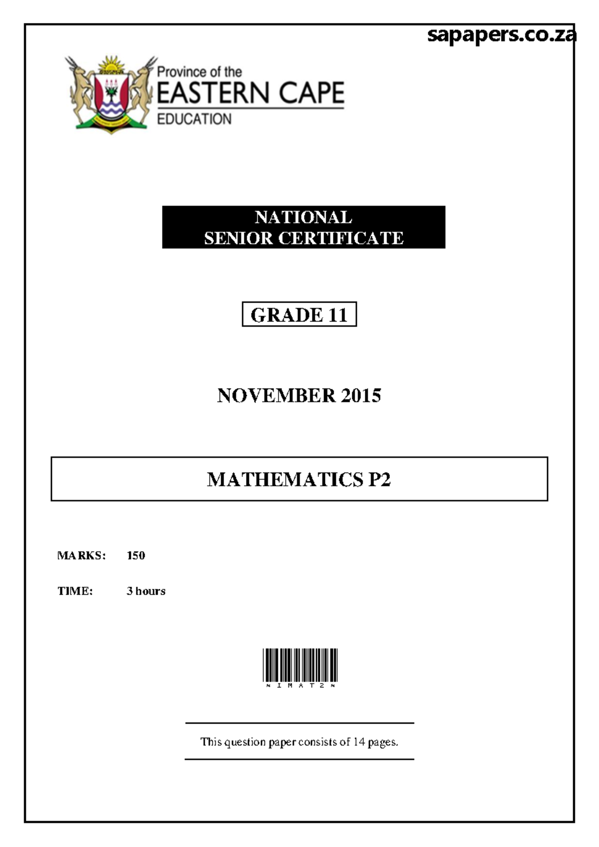 Mathematics P2 Question Paper Grade 11 November 2015 - Studocu