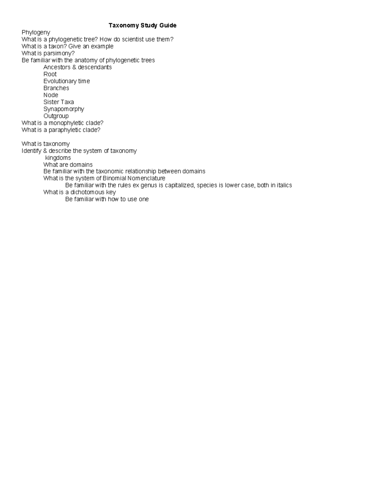 Taxonomy and Phylogeny Study Guide for Biol040 - Studocu