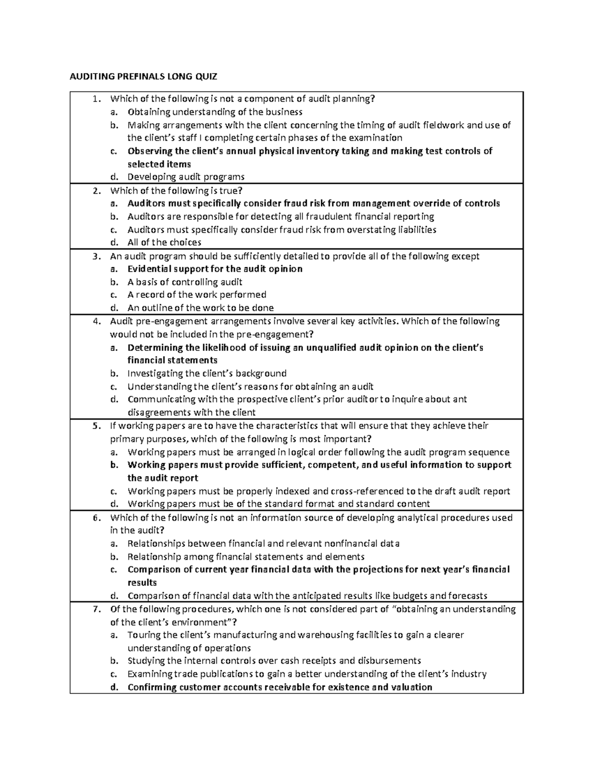 Auditing Prefinals Long Quiz (ACC 101) - Comprehensive Review Questions ...