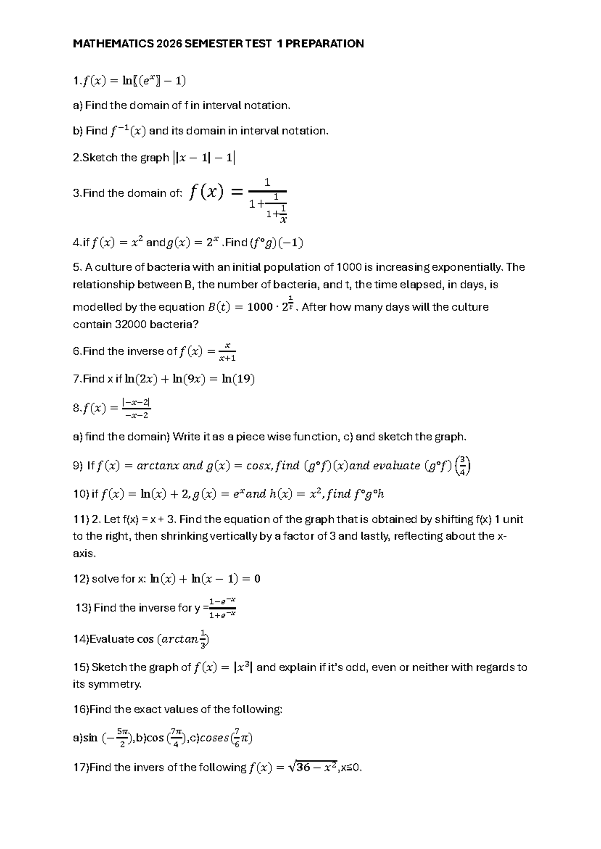 MATHEMATICS 2026 SEMESTER TEST 1 PREPARATION GUIDE - Studocu