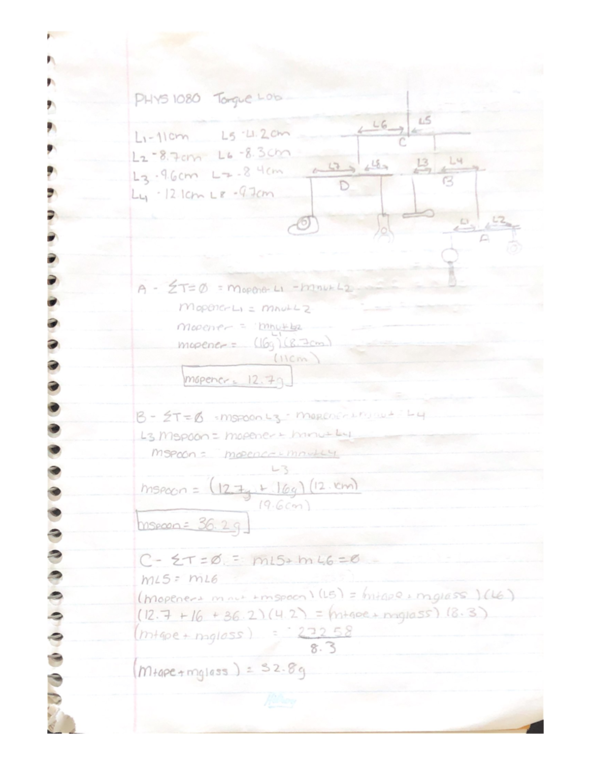 Torque Lab Calculations - PHYS 1080 Torgue Lob L6 is L1-11cm L5 -11 be ...