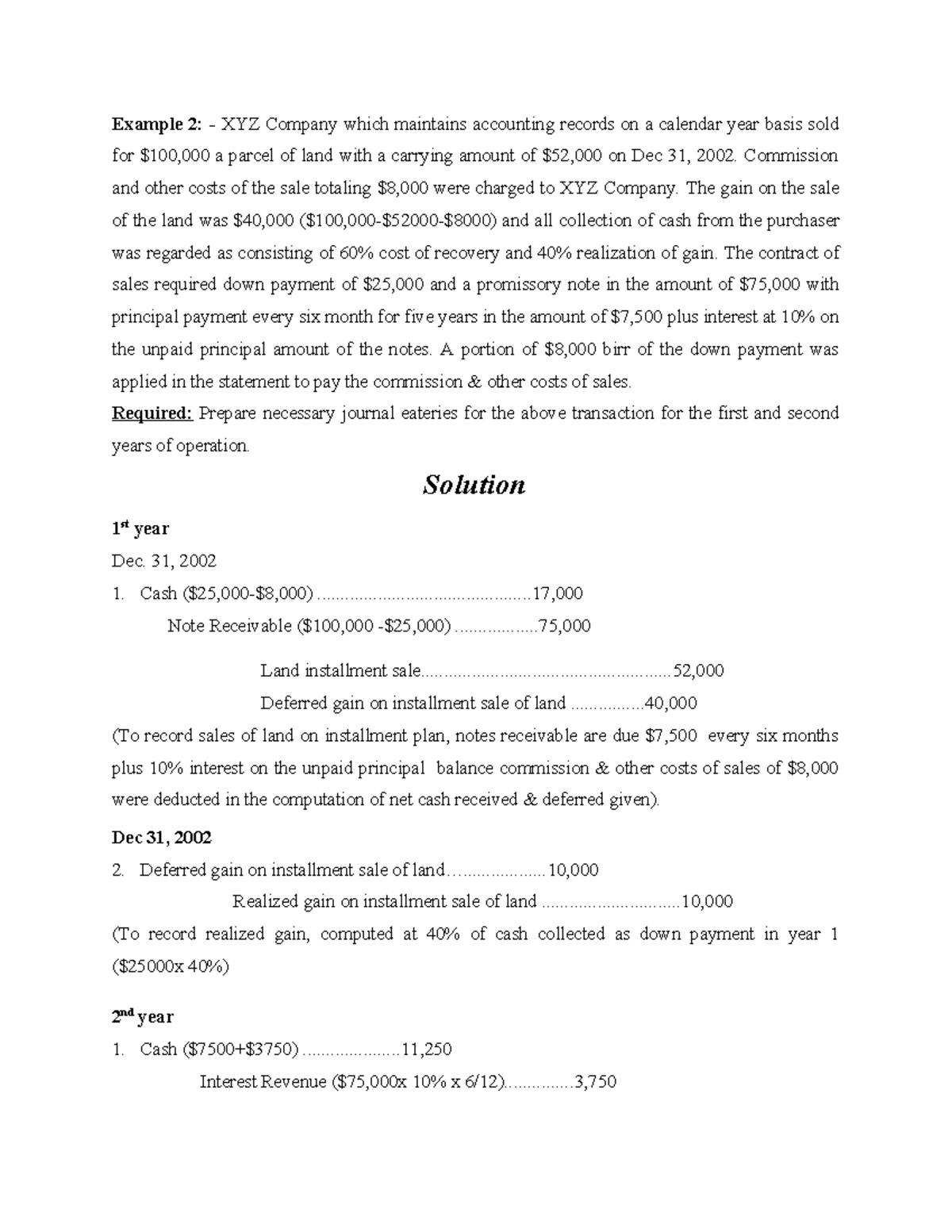 Installment Exercise - djd - Example 2: - XYZ Company which maintains ...