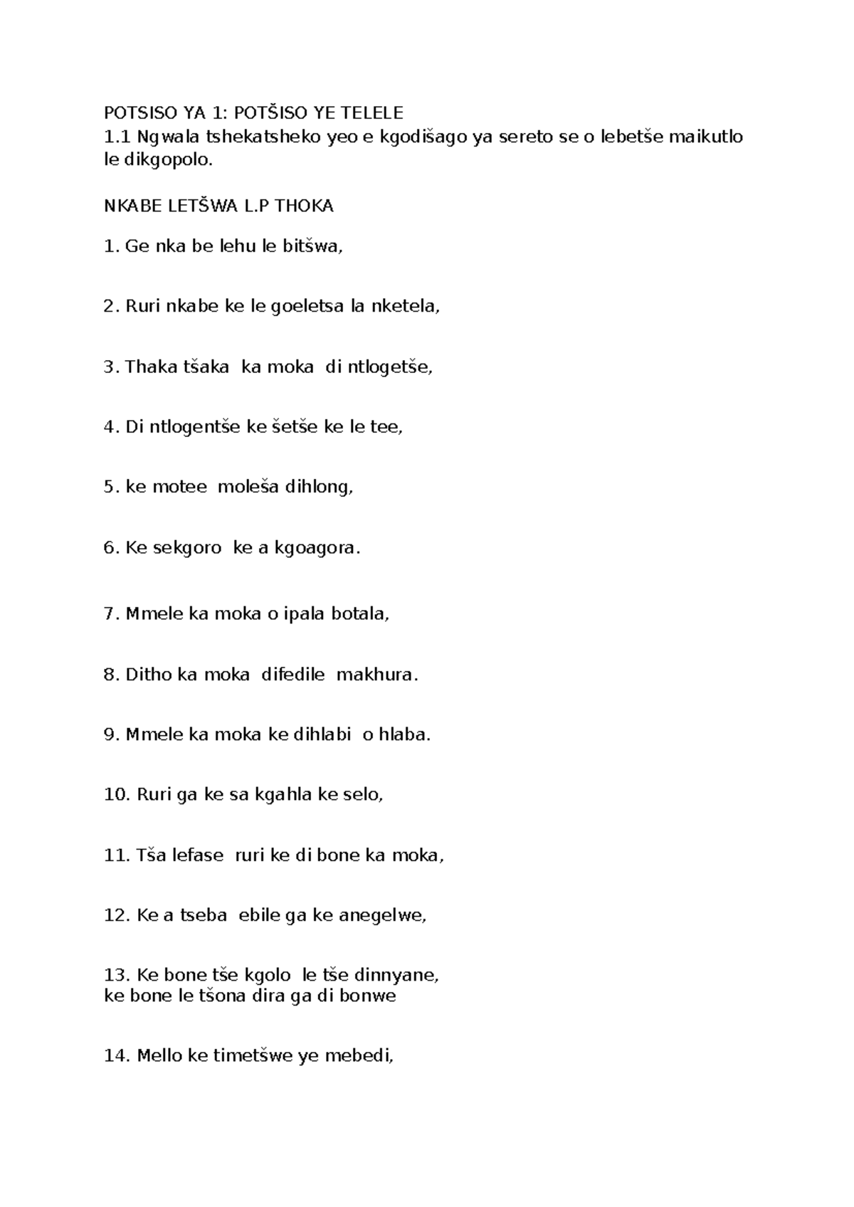POTŠISO YA 1: POTŠISO YE TELELE - Afrikaans Cheat Sheet Notes - Studocu