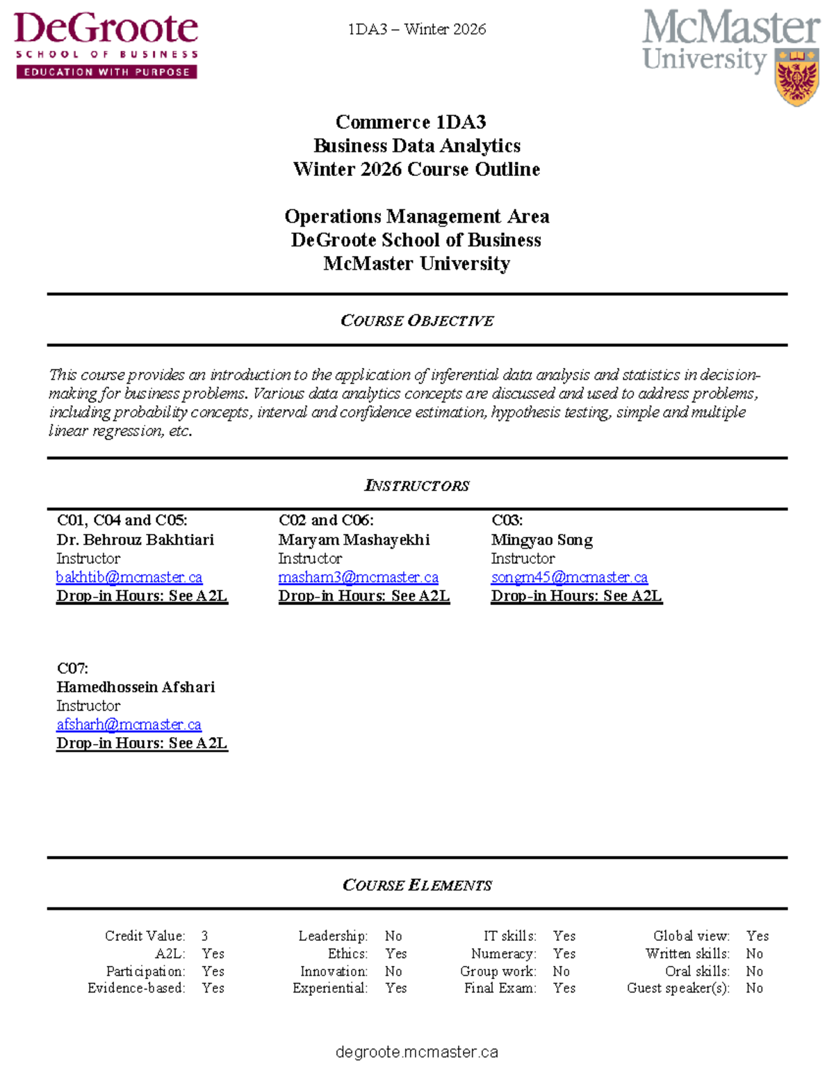 Commerce 1DA3 Business Data Analytics Course Outline - Winter 2026 ...