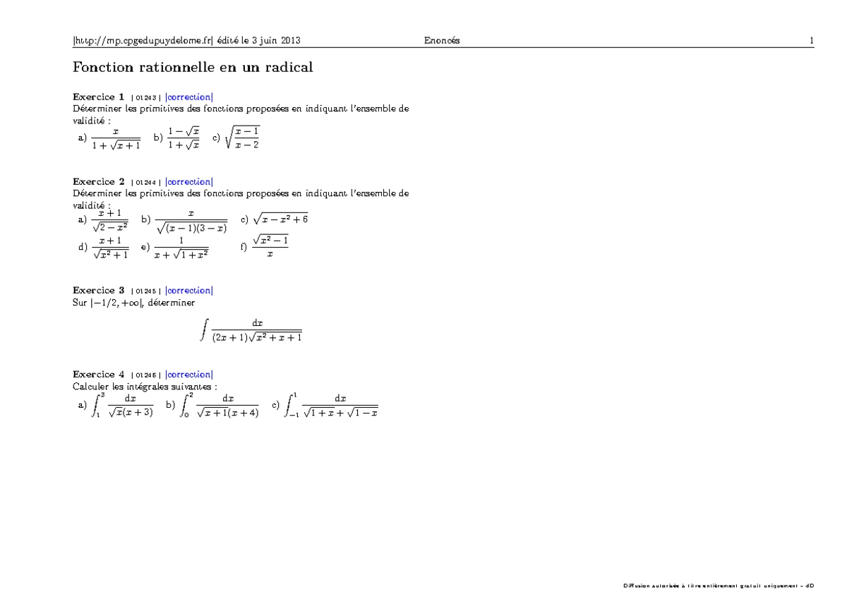 Calcul de primitives - Fonctions rationnelles en exp (01235, 01236 ...