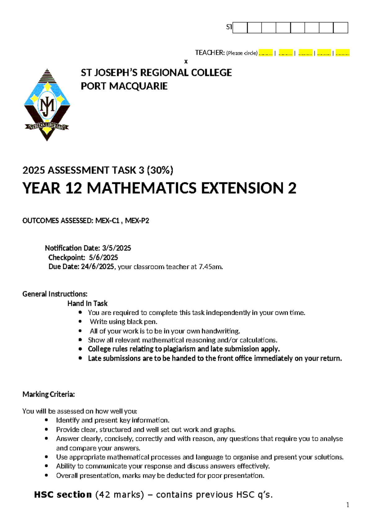 MATHEMATICS EXTENSION 2 ASSESSMENT TASK 3 - 2025 - Studocu