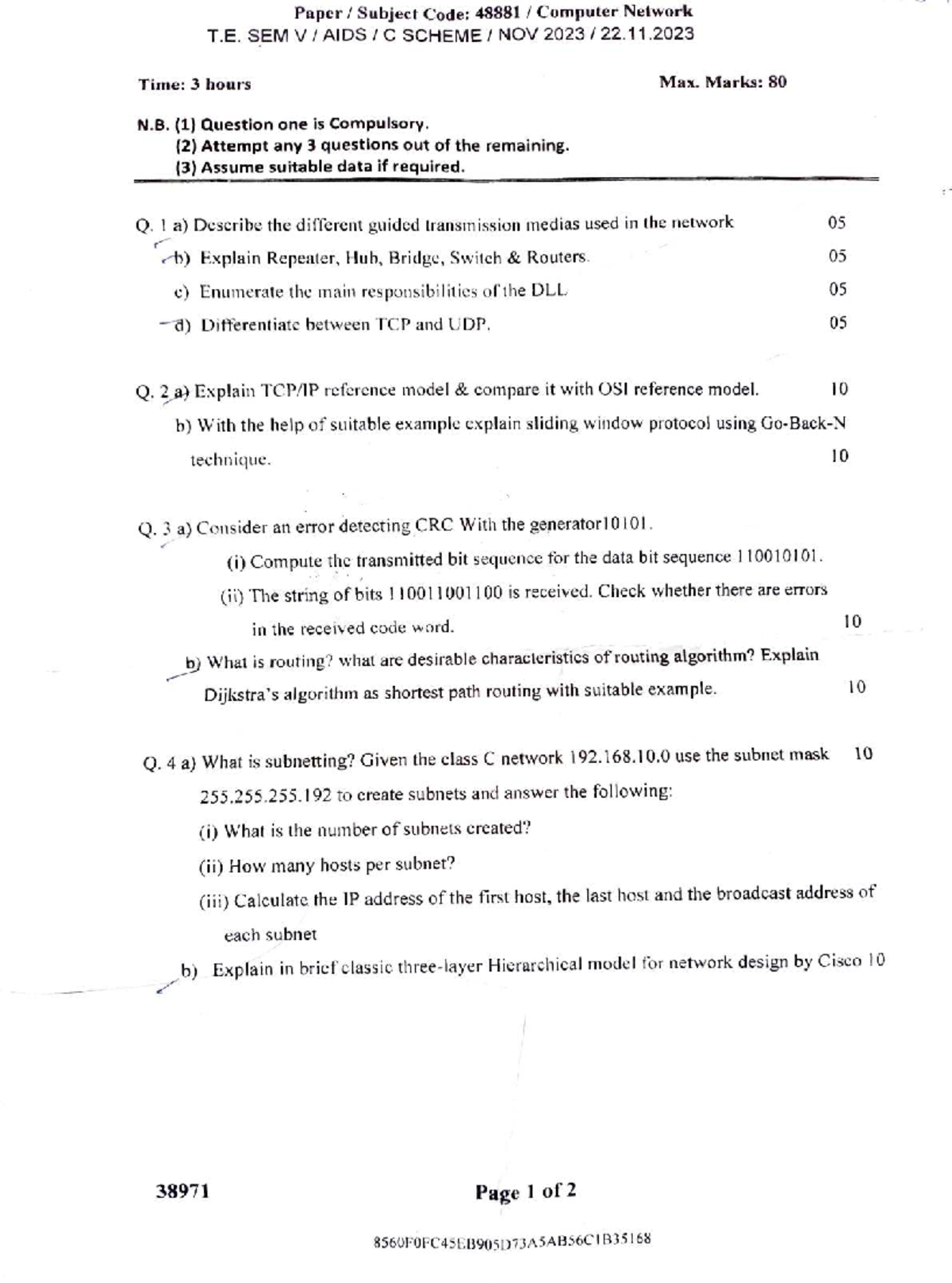 Computer Network TE: Semester 5 Aids Questions Paper - Dec 2023 - Studocu
