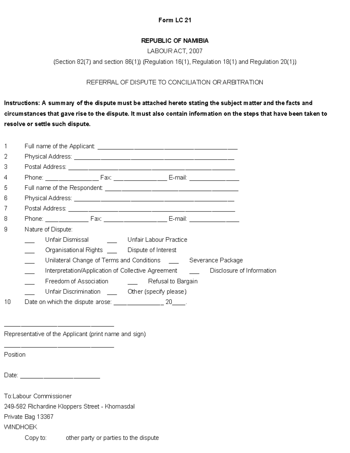 Form LC 21 - Namibia Labour Act Dispute Referral Instructions - Studocu