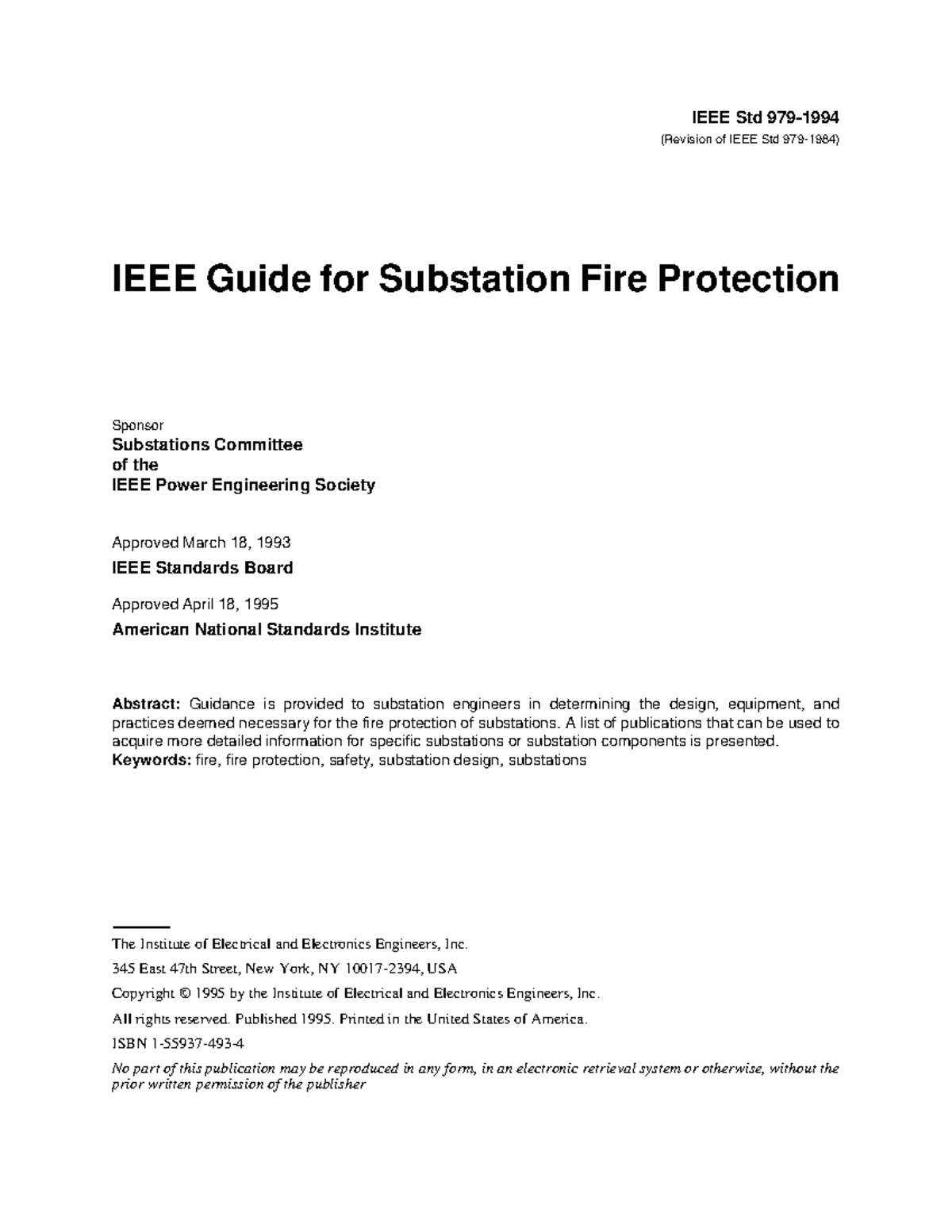 Guide for Substation Fire Protection (Std 979-1994) - Design & Safety ...