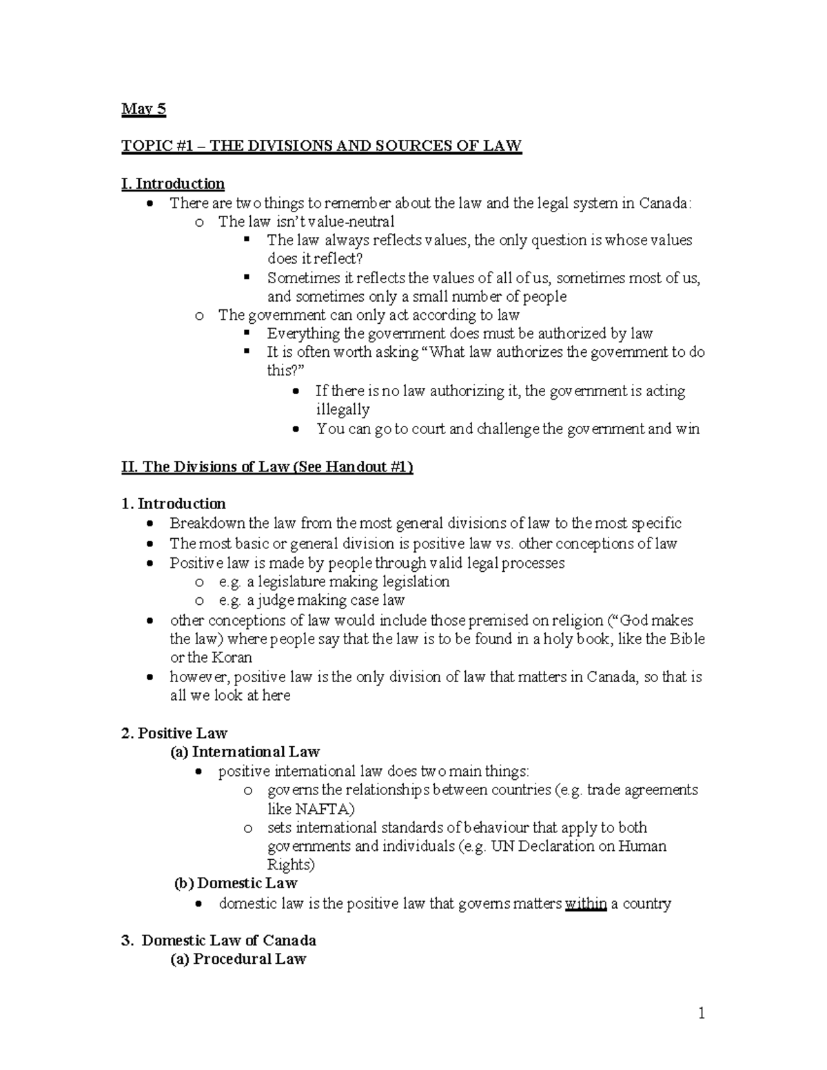 LAW 101: Divisions and Sources of Law - Class Notes - Studocu