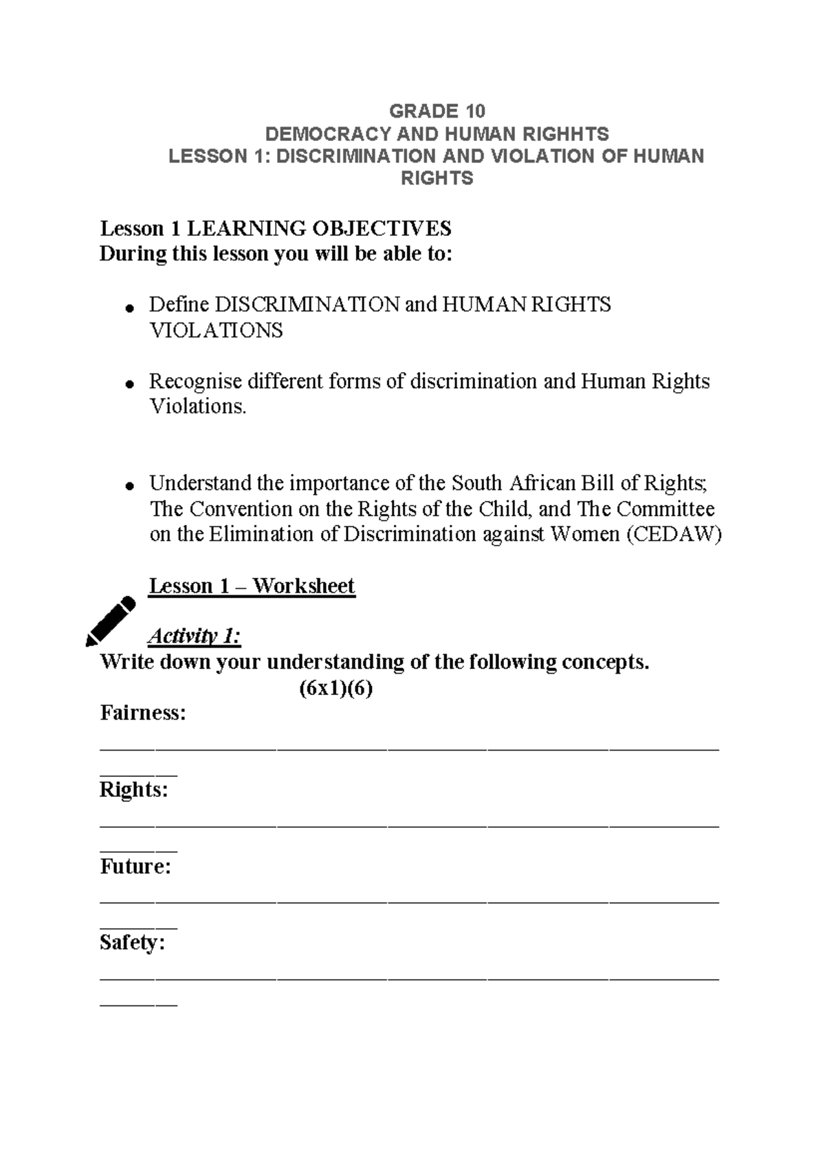 GRADE 10 DEMOCRACY & HUMAN RIGHTS: LESSON 1 ON DISCRIMINATION - Studocu