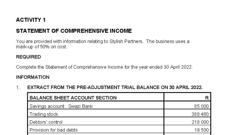 Gr 11 FS Worksheets - Activity 1: Statement of Comprehensive Income ...