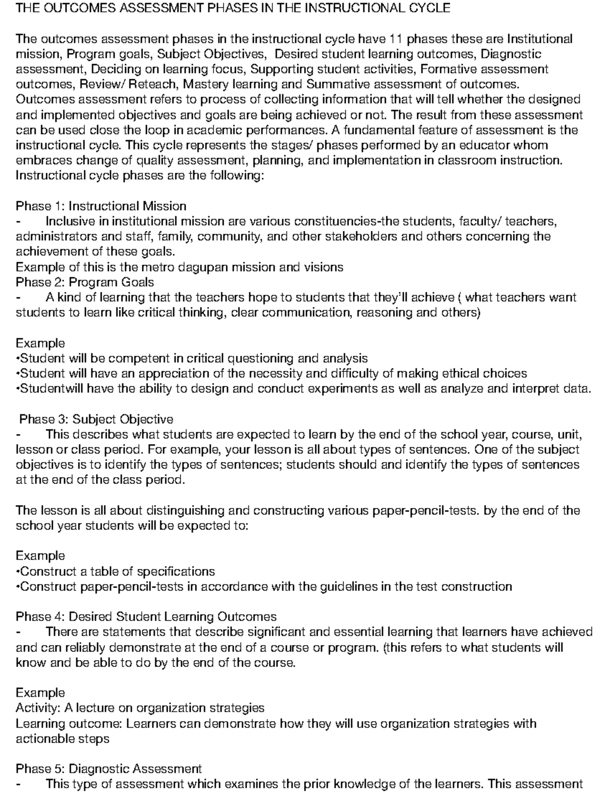 Phases of Outcomes Assessment in the Instructional Cycle - Studocu