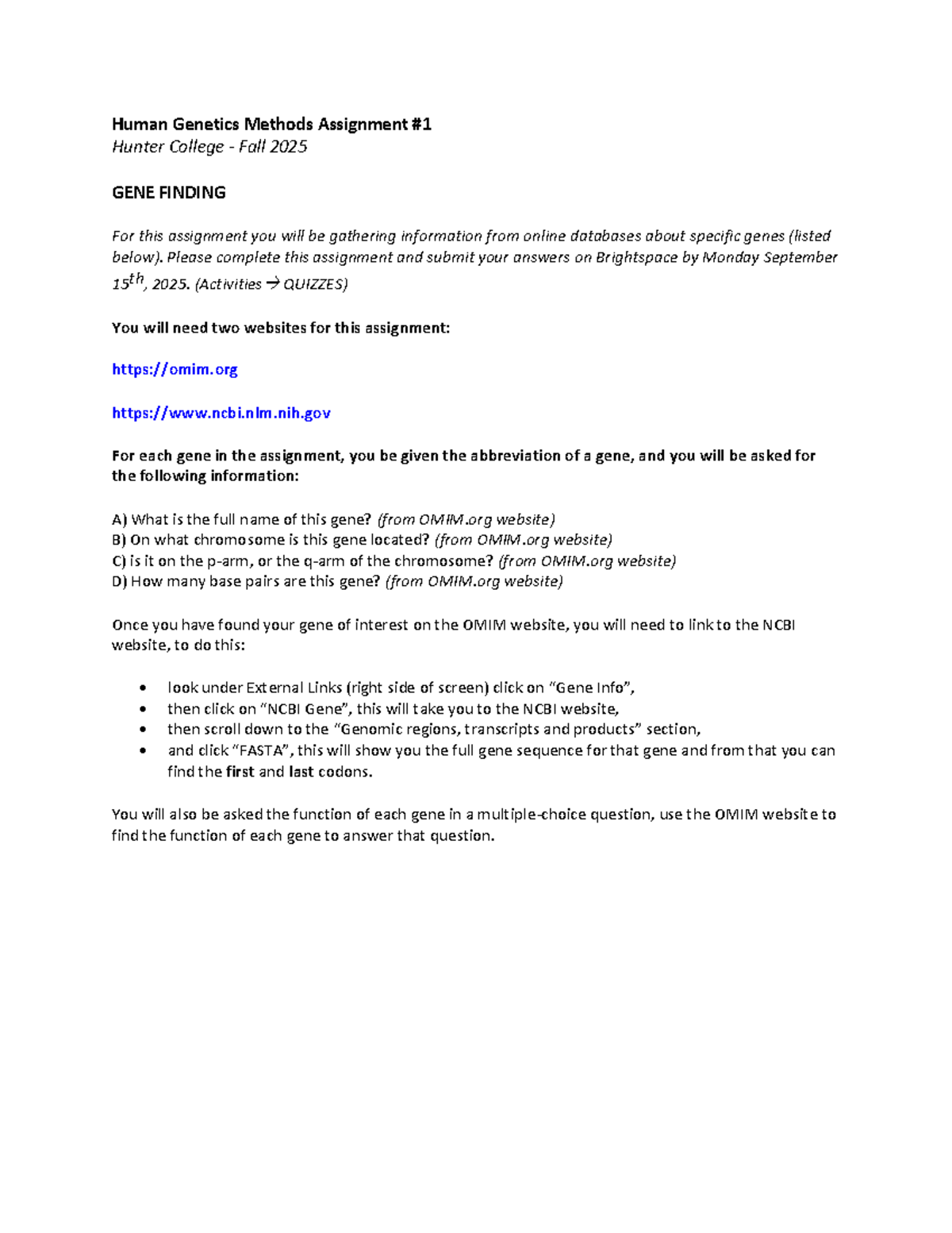 Human Genetics Methods Assignment GENE FINDING - Hunter College Fall ...