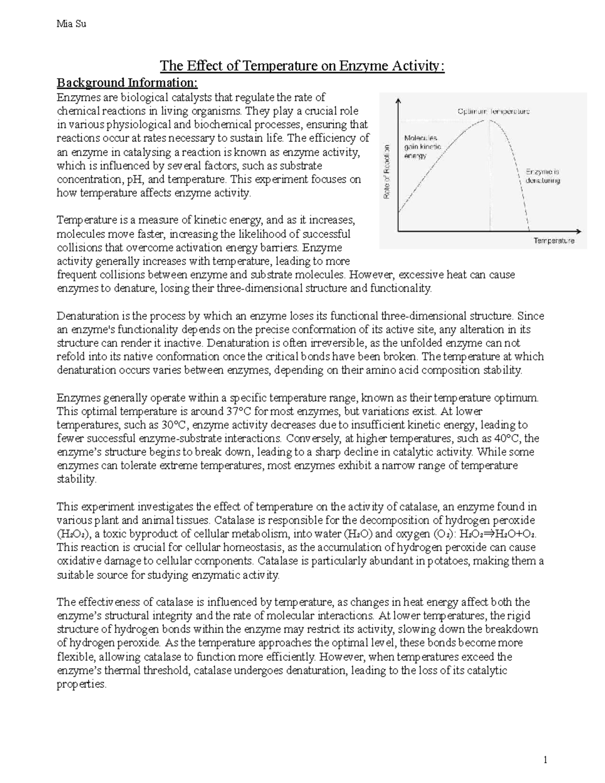 Bio Enzyme Report: The Impact of Temperature on Catalase Activity (Y11 ...