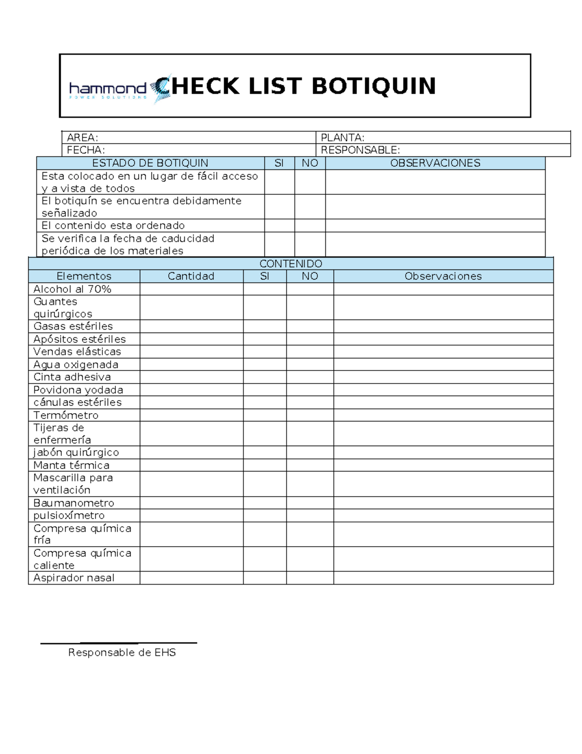 Check list de botiquin primeros auxilios - AREA: PLANTA: FECHA ...
