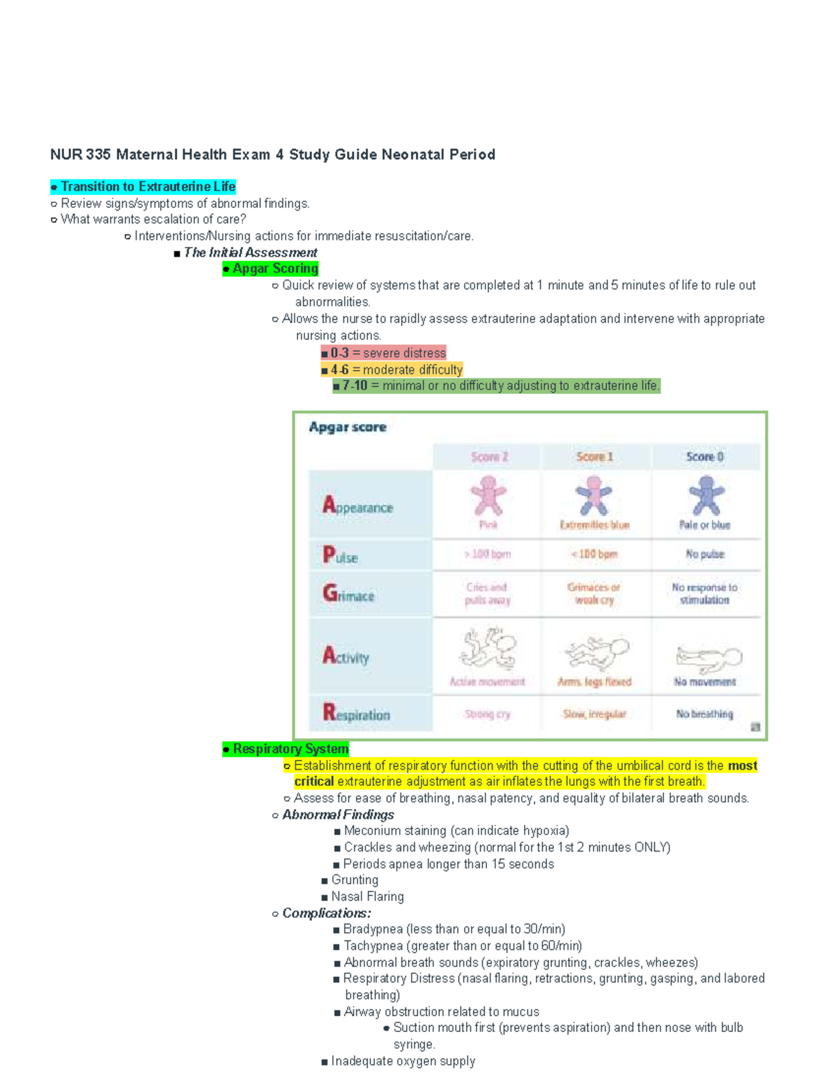 NUR 335 Maternal Health Exam 4 Study Guide: Neonatal Transition & Care ...