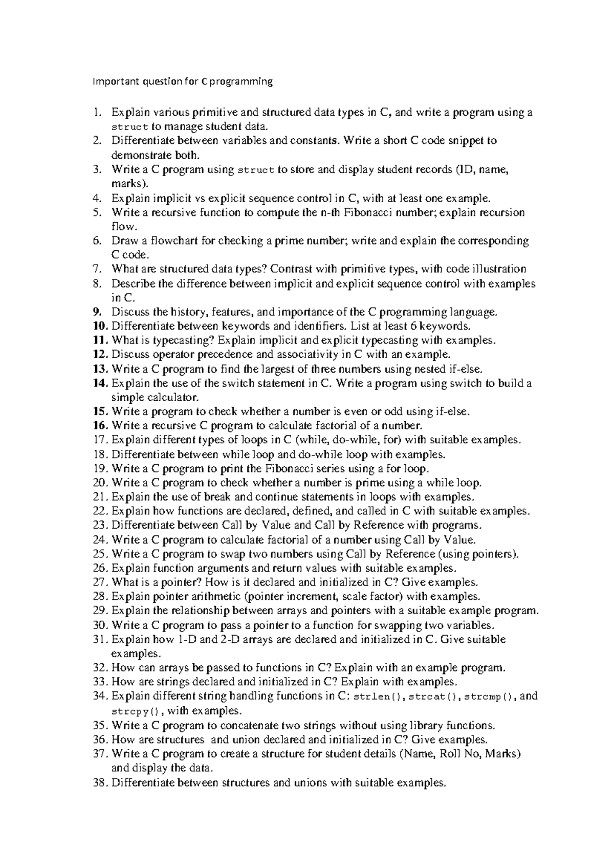 C Programming Important Questions: Data Types, Functions & More - Studocu