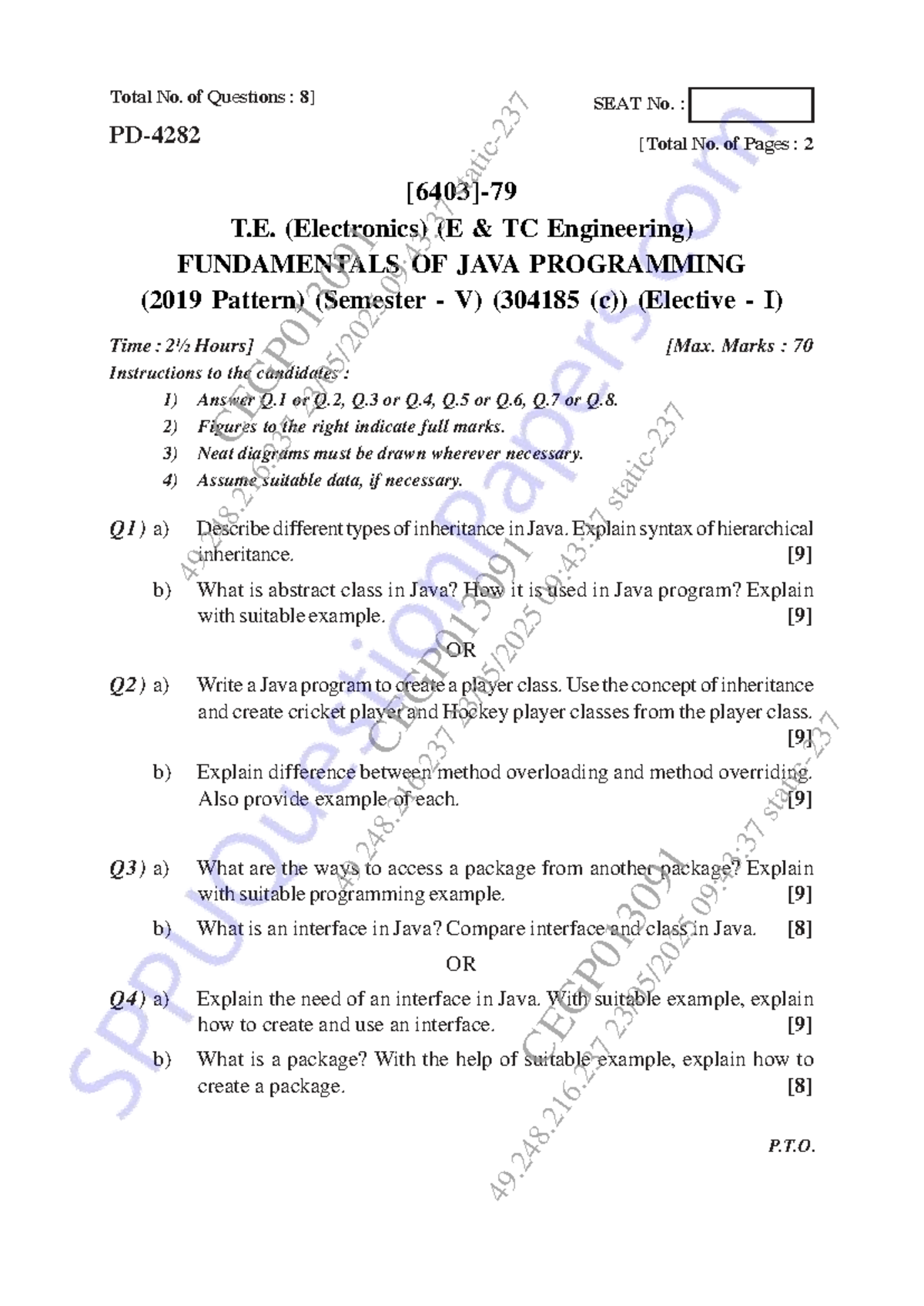 SEAT No. 23: T.E. (Electronics) Semester V Java Programming Exam ...