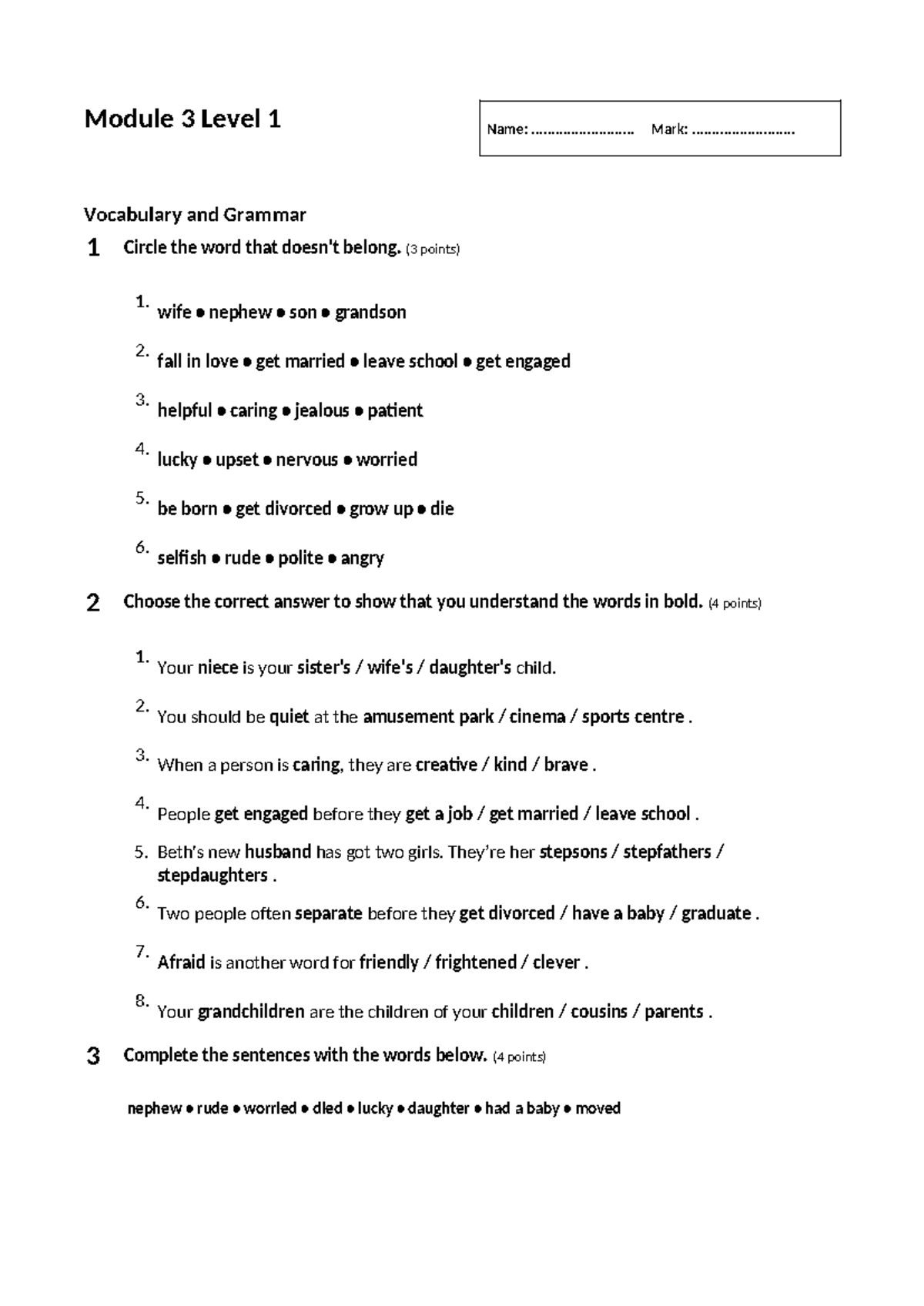 Module 3 Level 1 Vocabulary & Grammar Exercises - Studocu