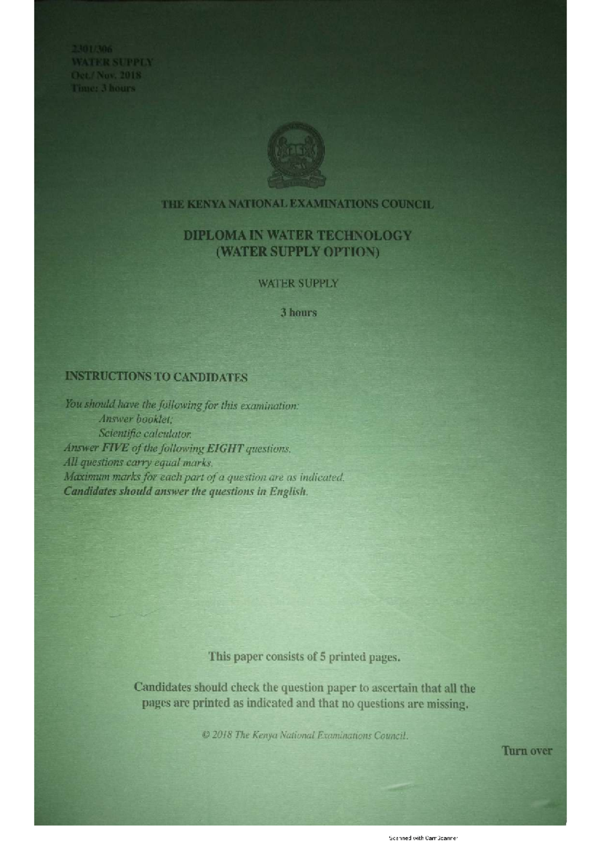 WATER SUPPLY Past Papers 2020-1: Exam Questions & Solutions - Studocu