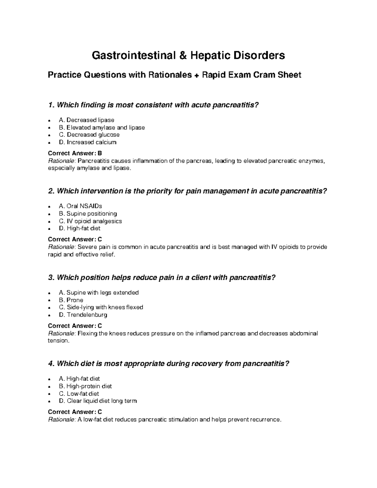 GI & Hepatic Disorders Practice Questions - Rapid Exam Cram Sheet - Studocu