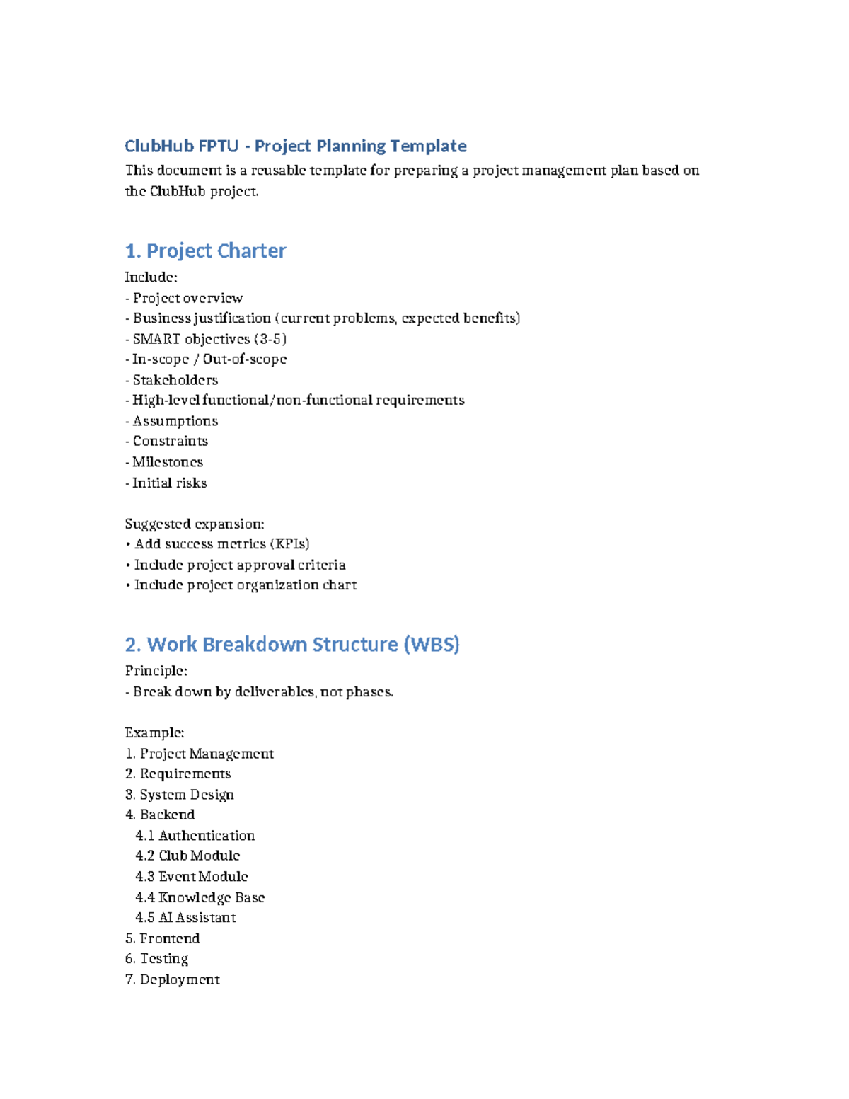 ClubHub FPTU Project Management Plan Template - Studocu
