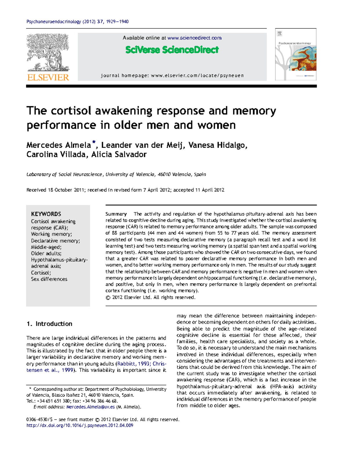 Cortisol Awakening Response and Memory Performance in Older Adults (PSY ...