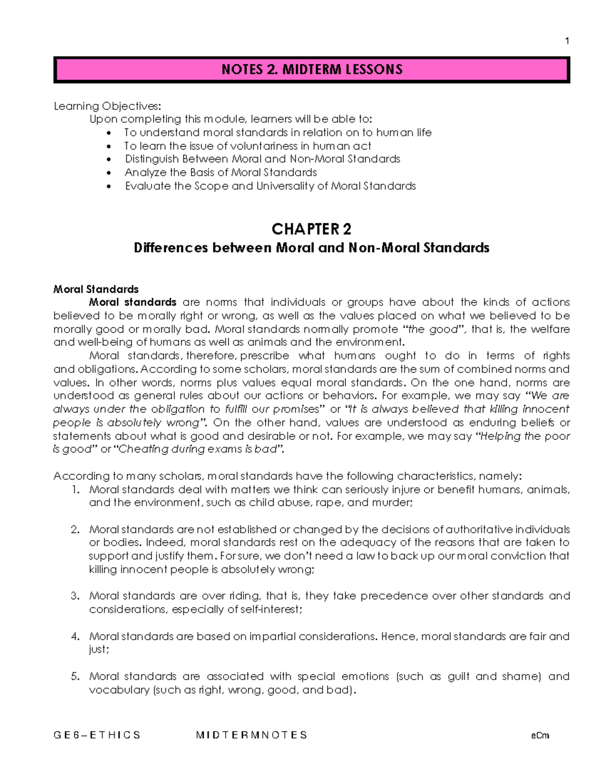Ethics Midterm 2025: Key Concepts and Moral Standards Notes - Studocu
