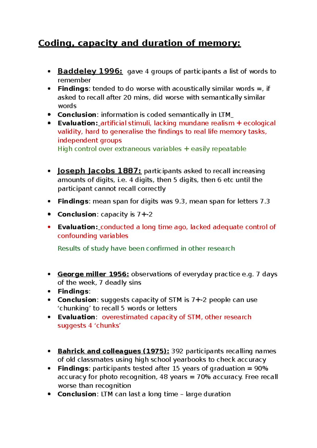 Memory Revision: Key Studies in Memory (PSY 101) - Studocu