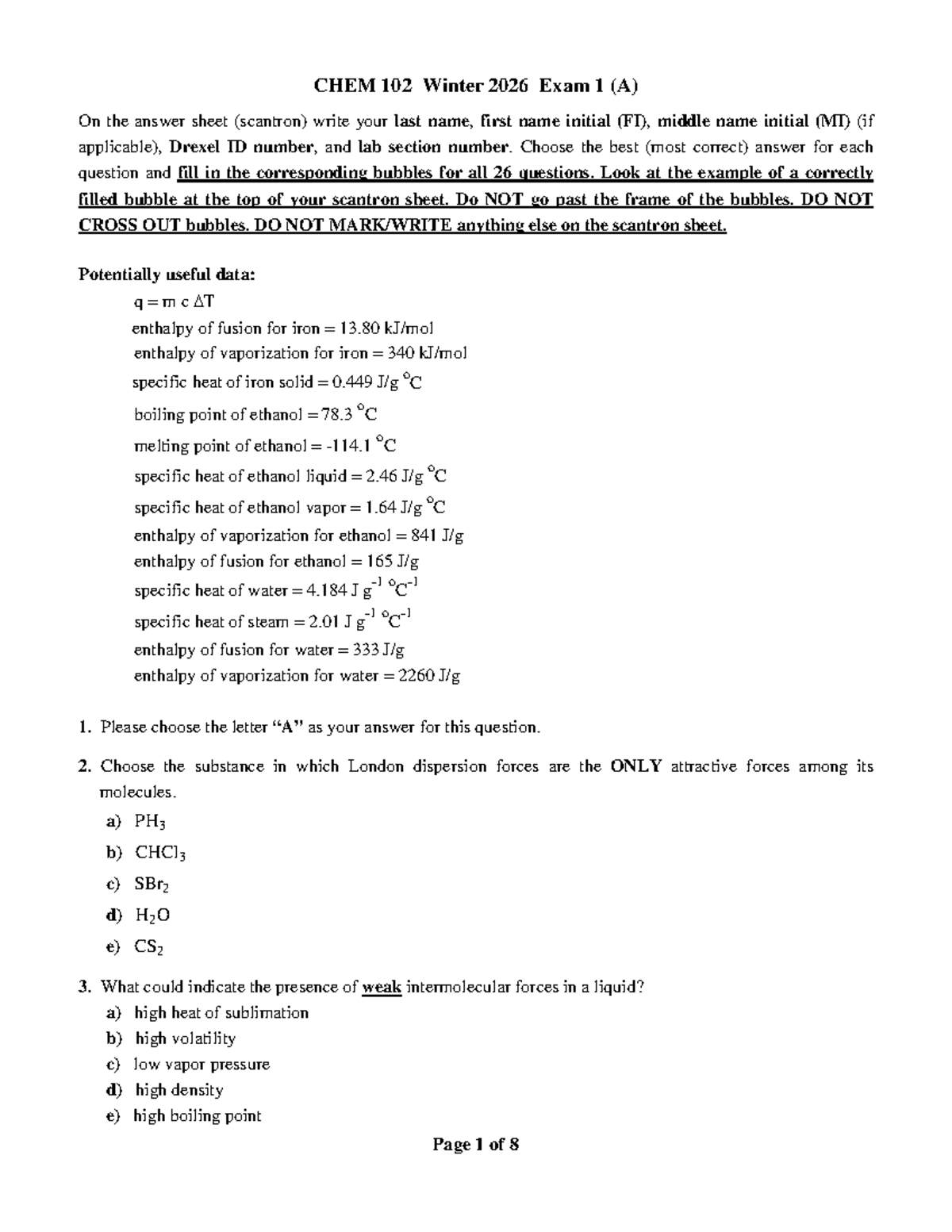 CHEM 102 Winter 2026 Exam 1 Answer Key - Studocu