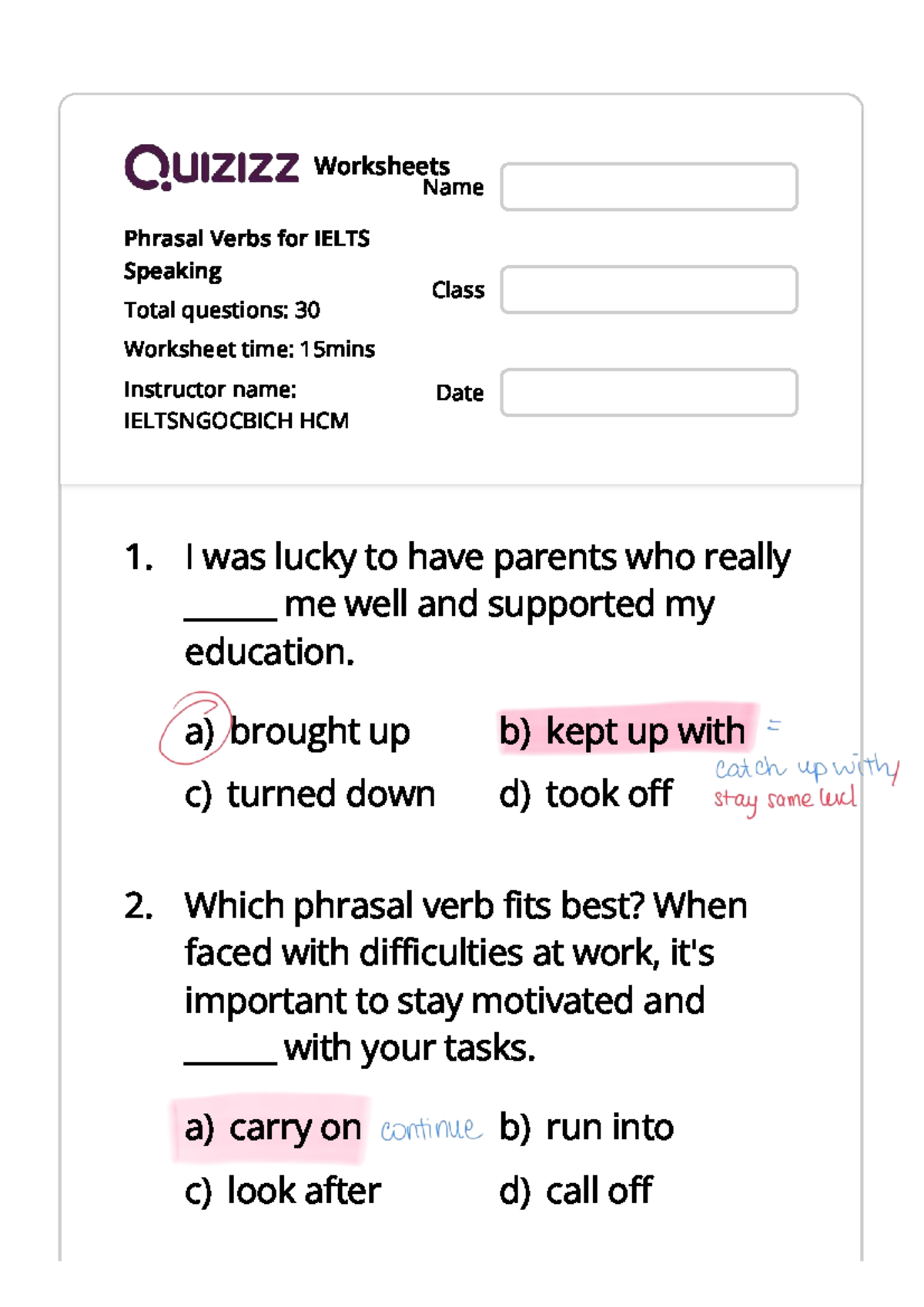Phrasal Verbs for IELTS Speaking Quizizz Worksheet (30 Qs) - Studocu