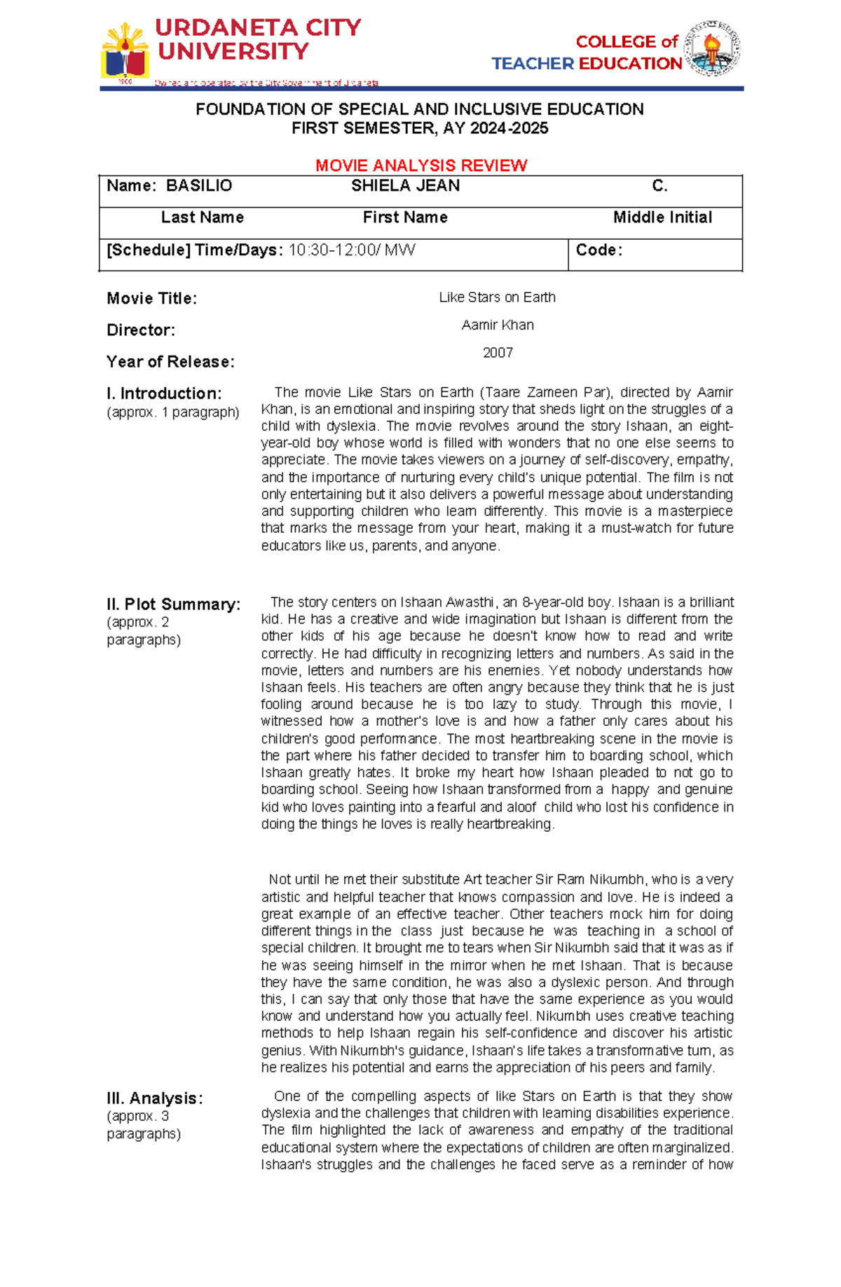 Movie Analysis - Summary BS in ACCOUNTANCY - UNIVERSITY TEACHER ...