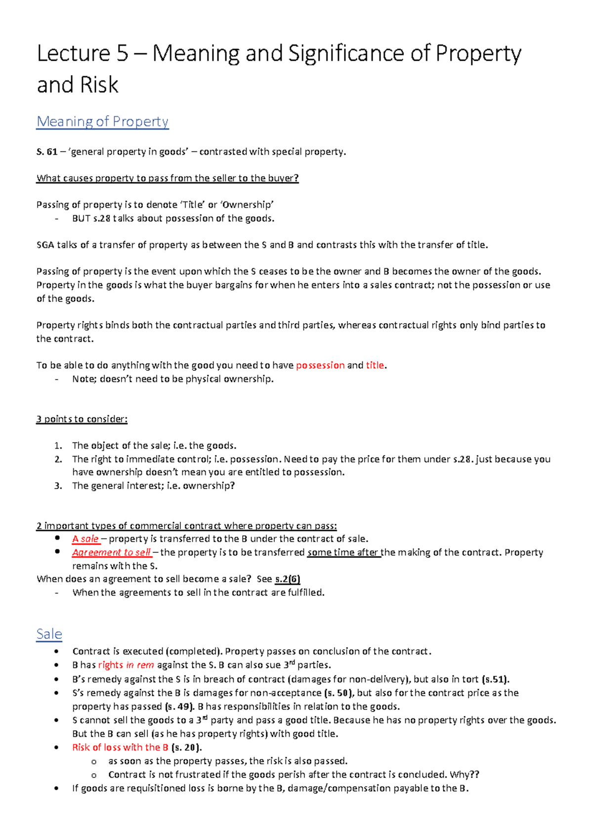 Commercial Law Lecture 5 notes Meaning and Significance of Property and ...