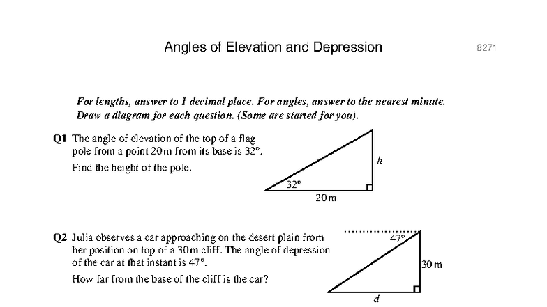 Trigonometry: Angles of Elevation & Depression 8271 - Studocu
