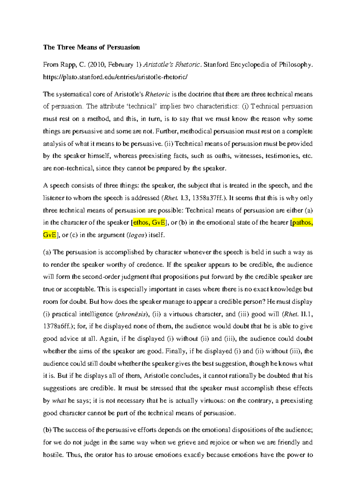 Reading 1B Rapp: The Three Means of Persuasion in Aristotle's Rhetoric ...