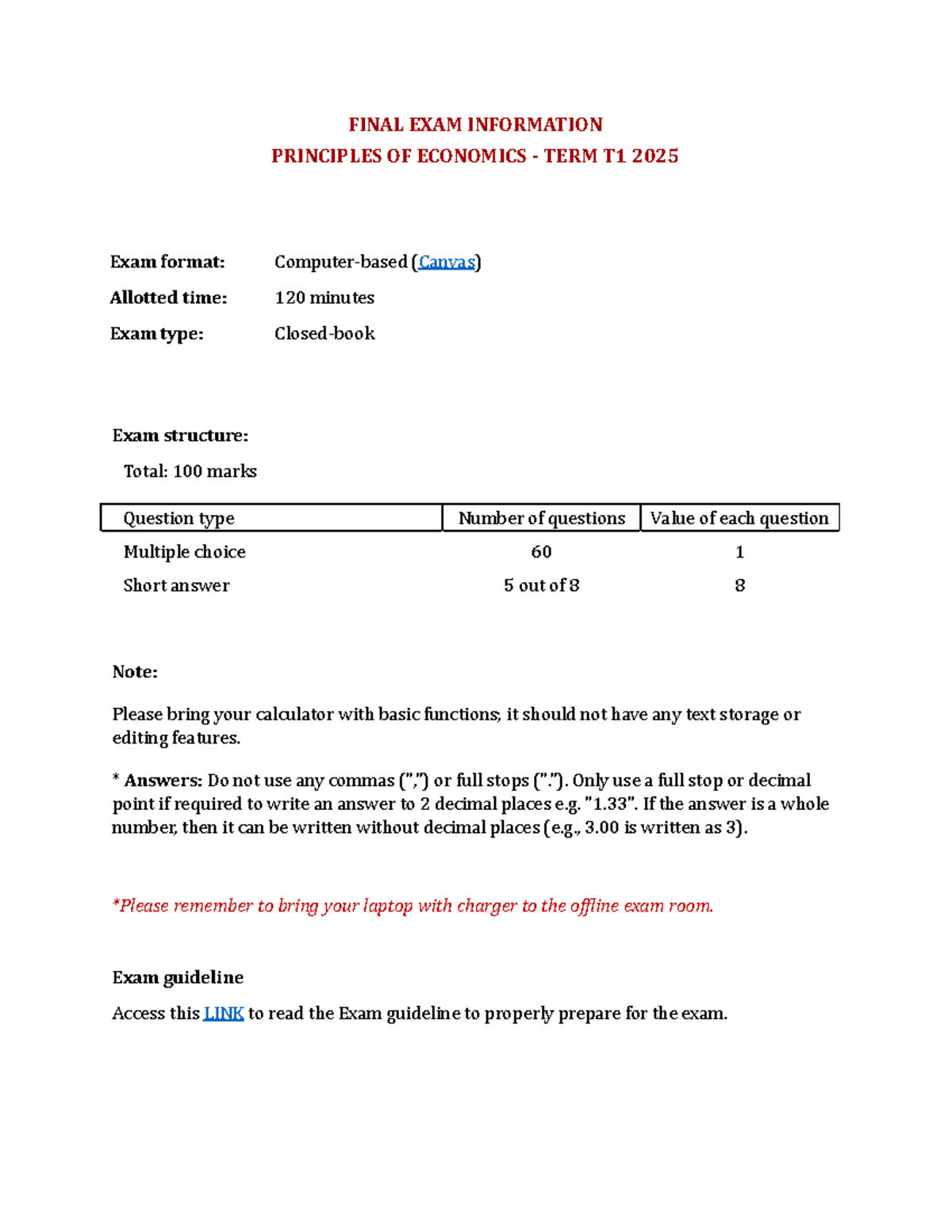 Principles Of Economics - Final Exam Information - T1 2025 - FINAL EXAM ...