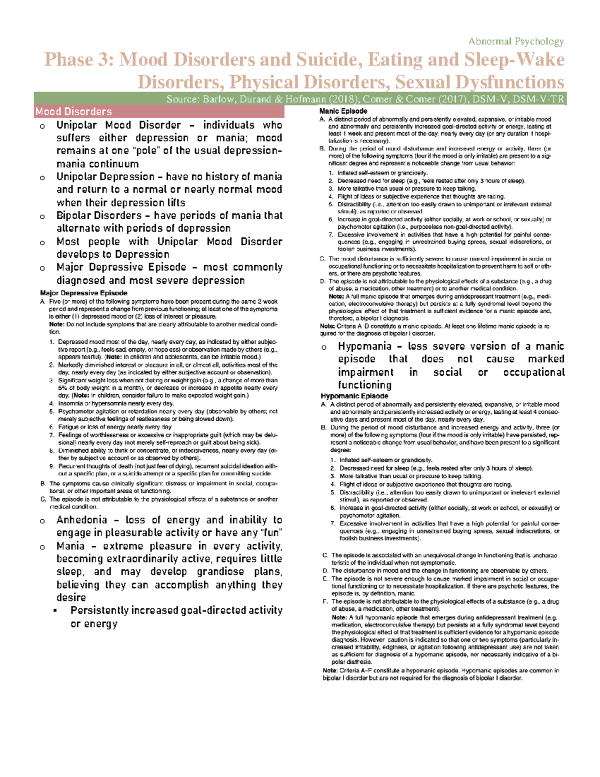 Ab Psy Phase 3 - Comprehensive Review on Mood & Eating Disorders - Studocu