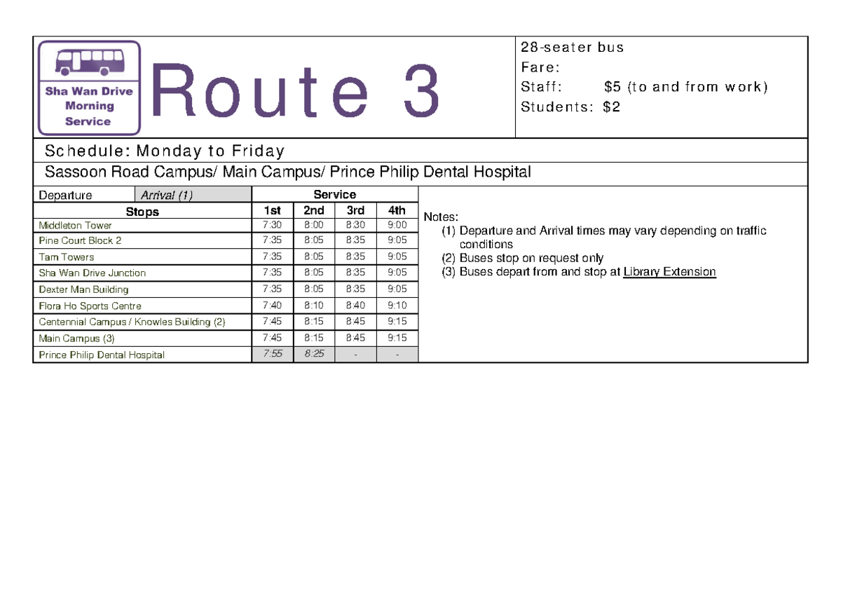 Route 3 Bus Schedule: Staff & Students (Revised) - Studocu