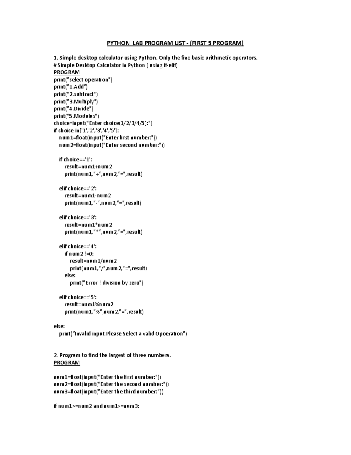 PYTHON LAB PROGRAM LIST: FIRST 5 PROGRAMS - Studocu