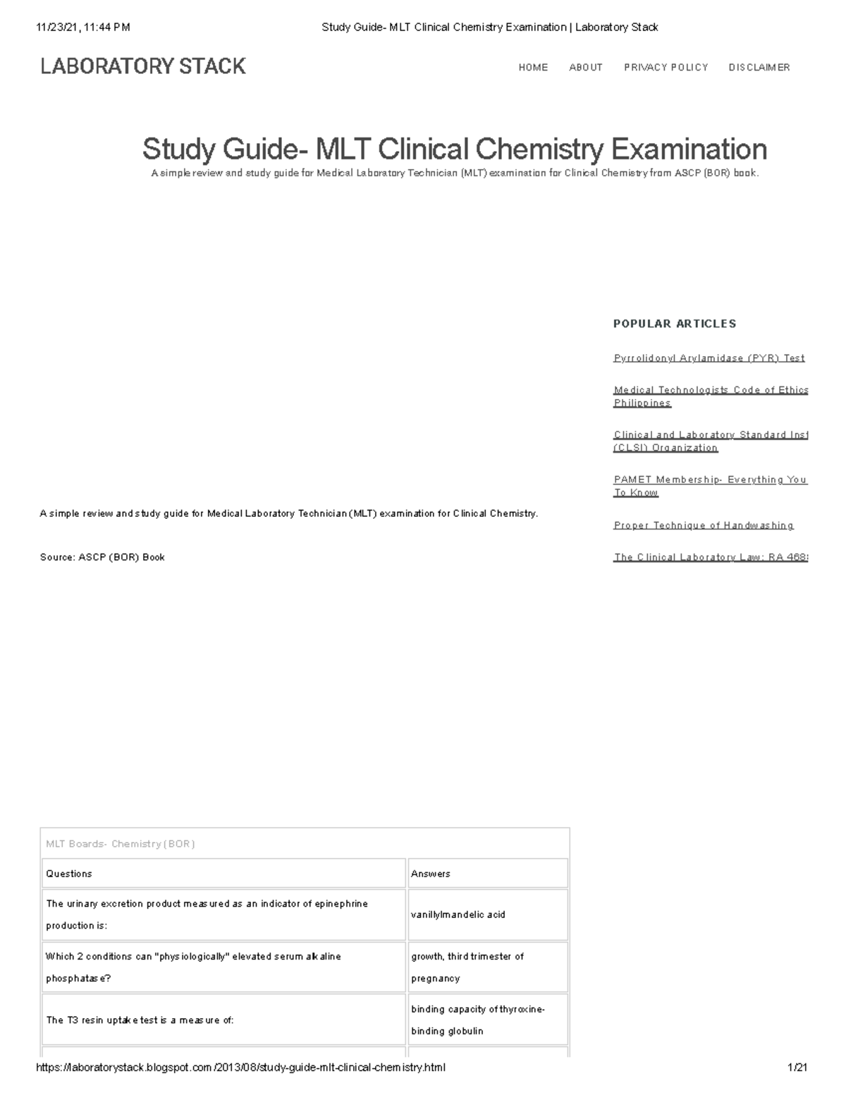 Study Guide- MLT Clinical Chemistry Examination Laboratory Stack ...