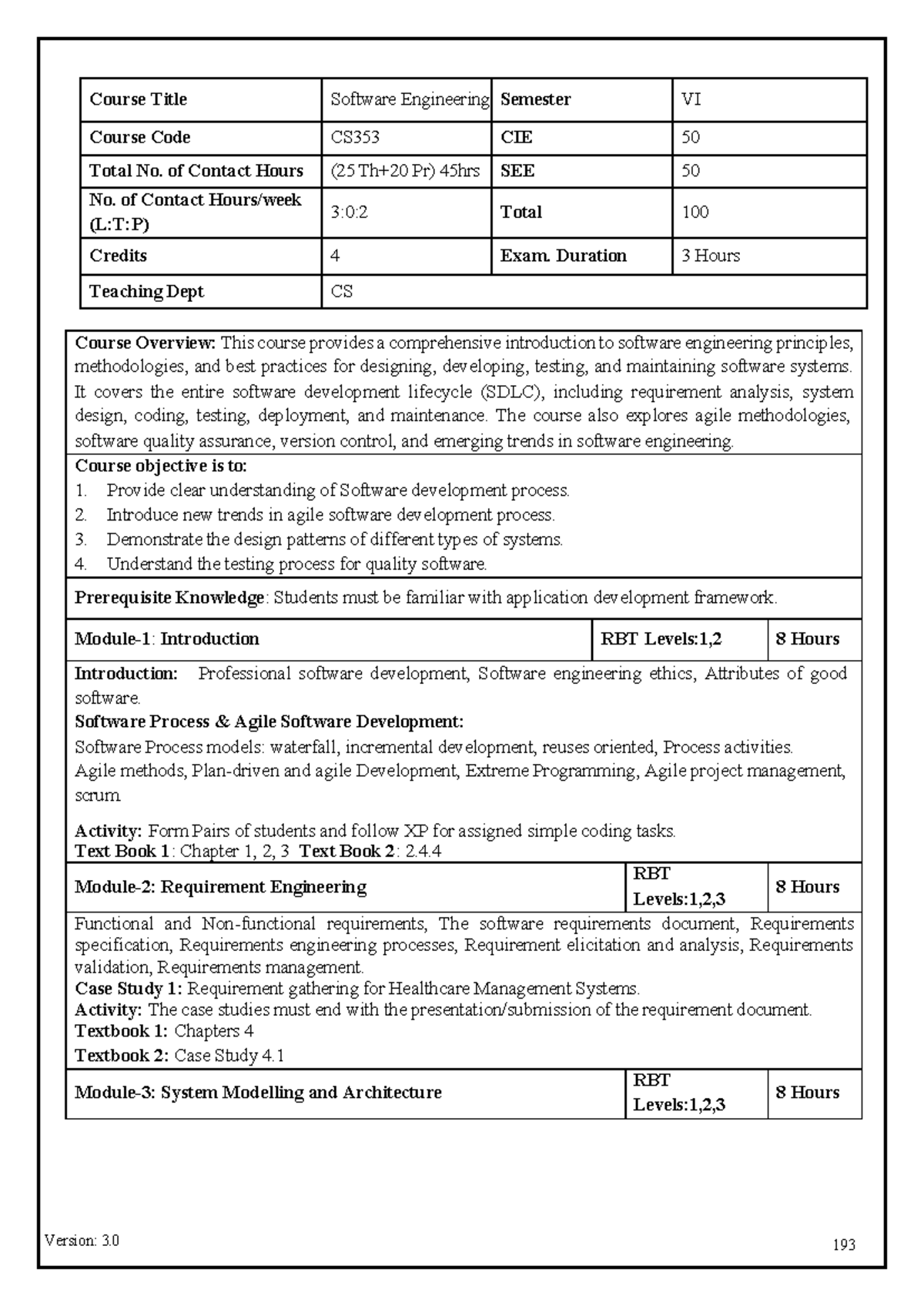 Software Engineering Syllabus CS353 - Semester VI Overview - Studocu