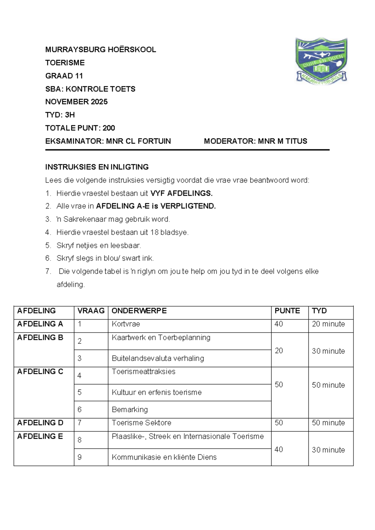 GRAAD 11 TOERISME FINAL EXAM NOVEMBER 2025: CONTROL TEST - Studocu