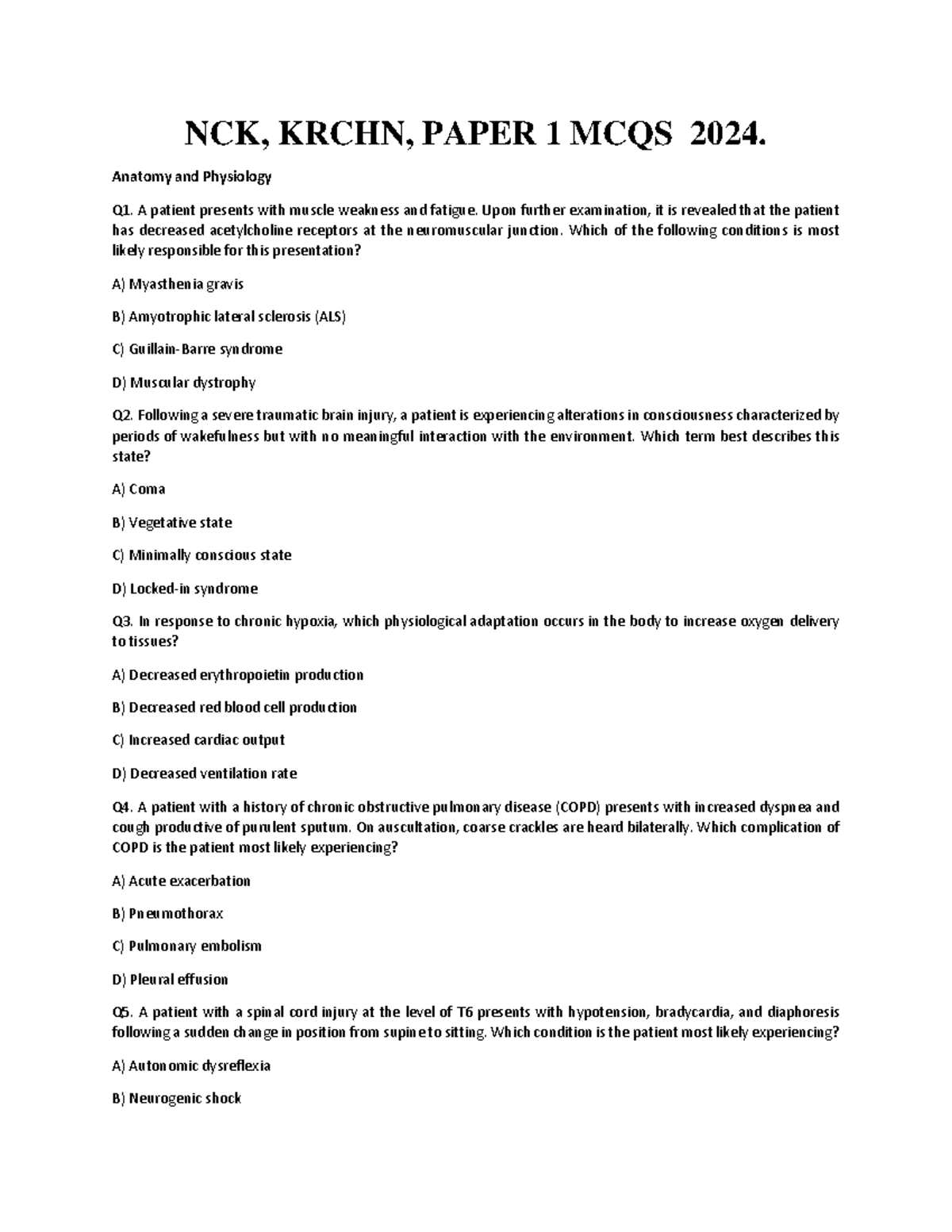 NCK Paper 1 MCQs 2024 - Anatomy and Physiology Questions - Studocu
