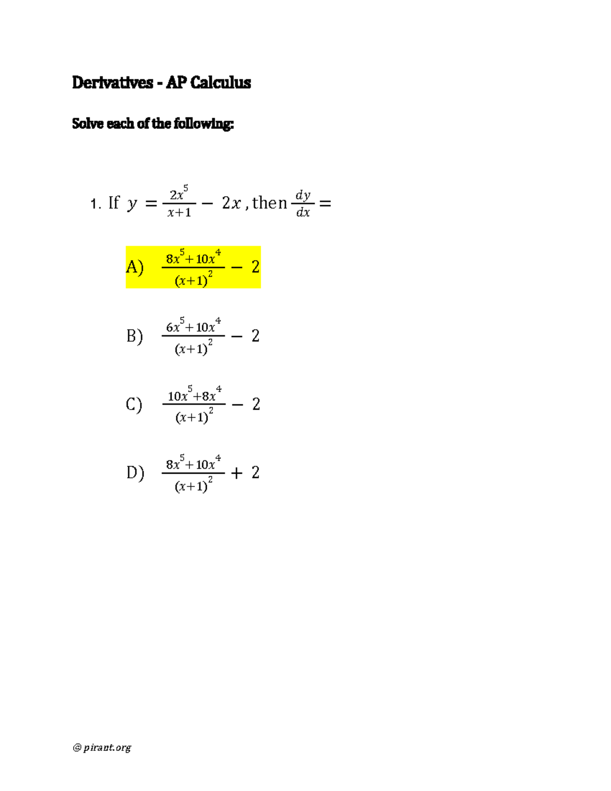 Answers Unit 2Calc - Unit 2 Calc BC practice key - Derivatives - AP ...