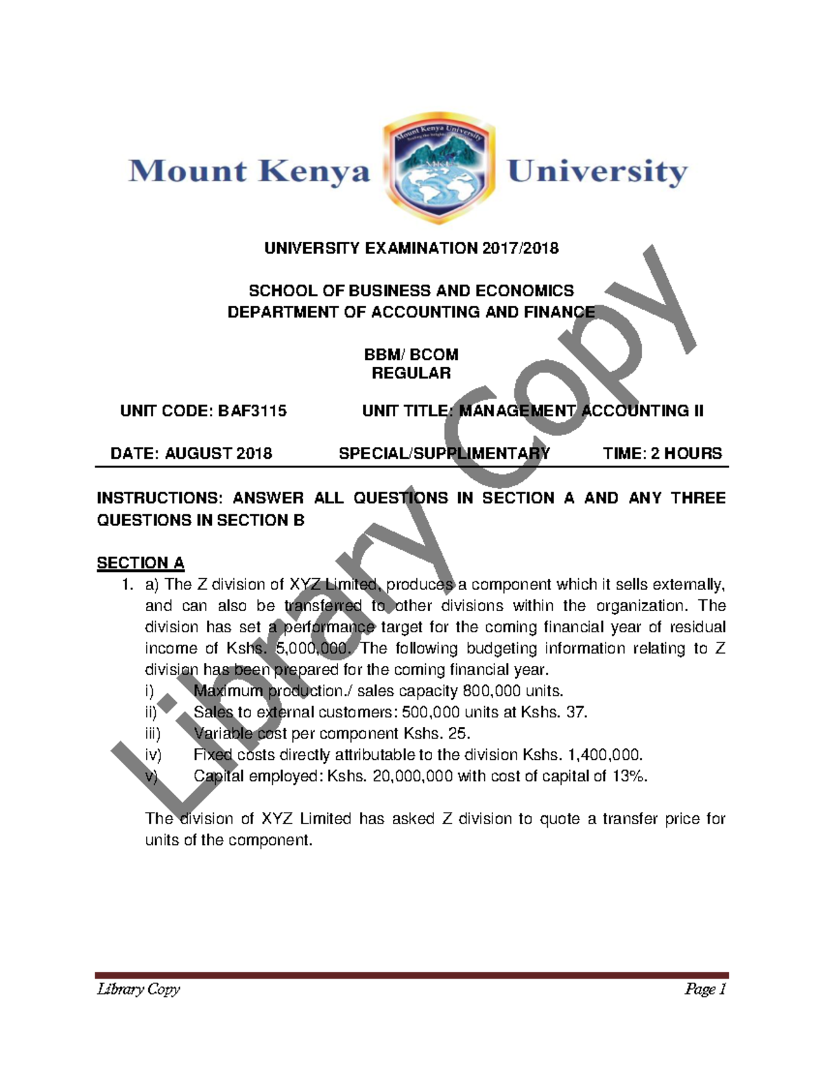 BAF3115 Management Accounting II Final Exam Supplementary Questions ...