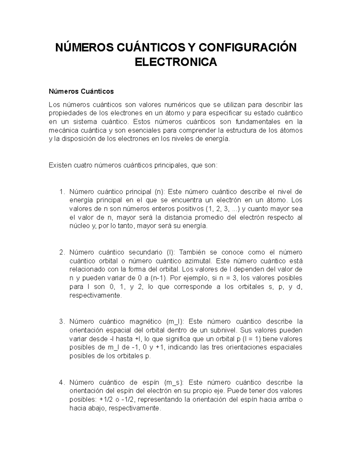 Números Cuánticos y Configuración Electrónica en Química Cuántica - Studocu